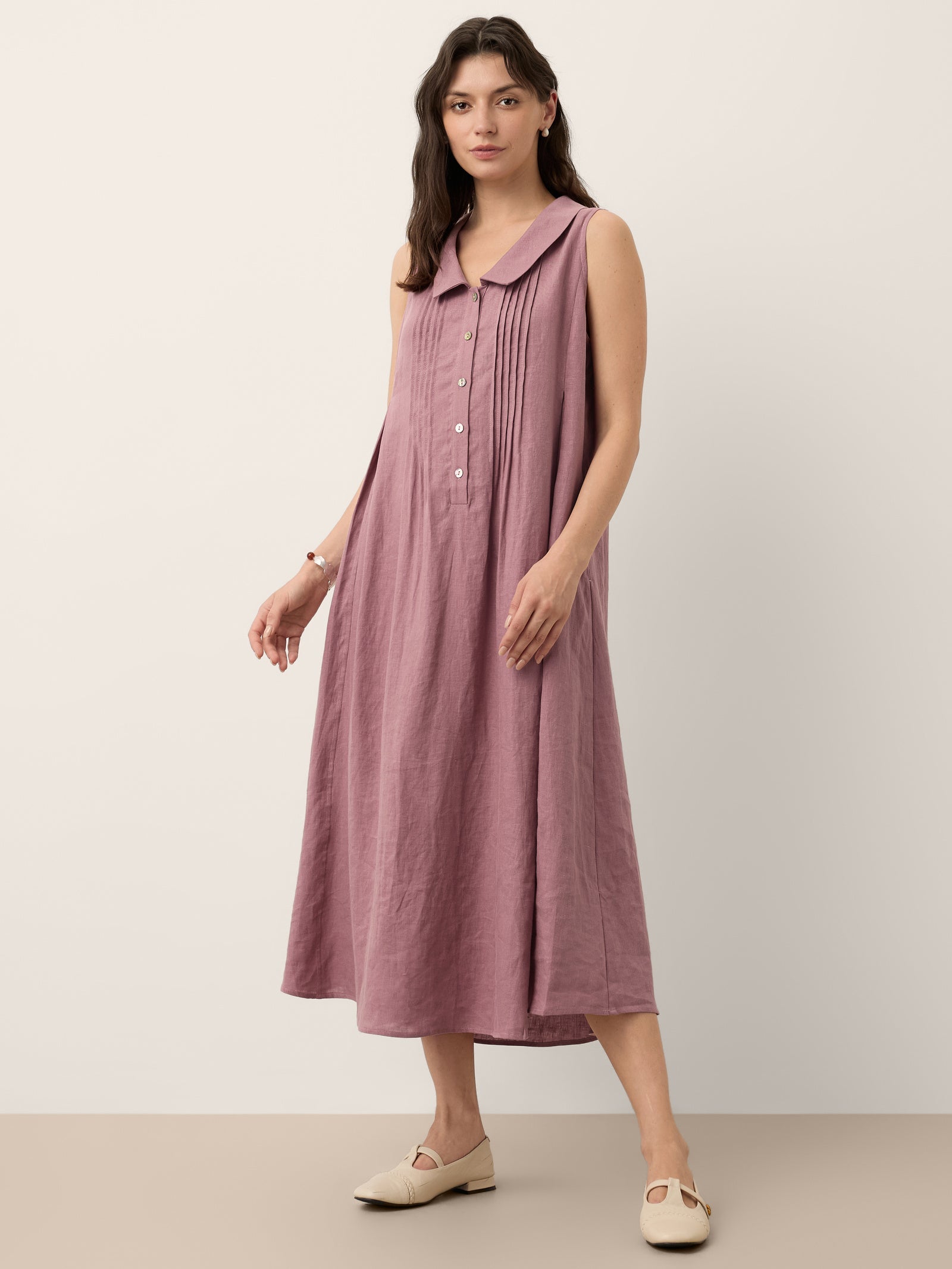 100% Linen Peter Pan Collar Pintuck Midi Dress LIANNA