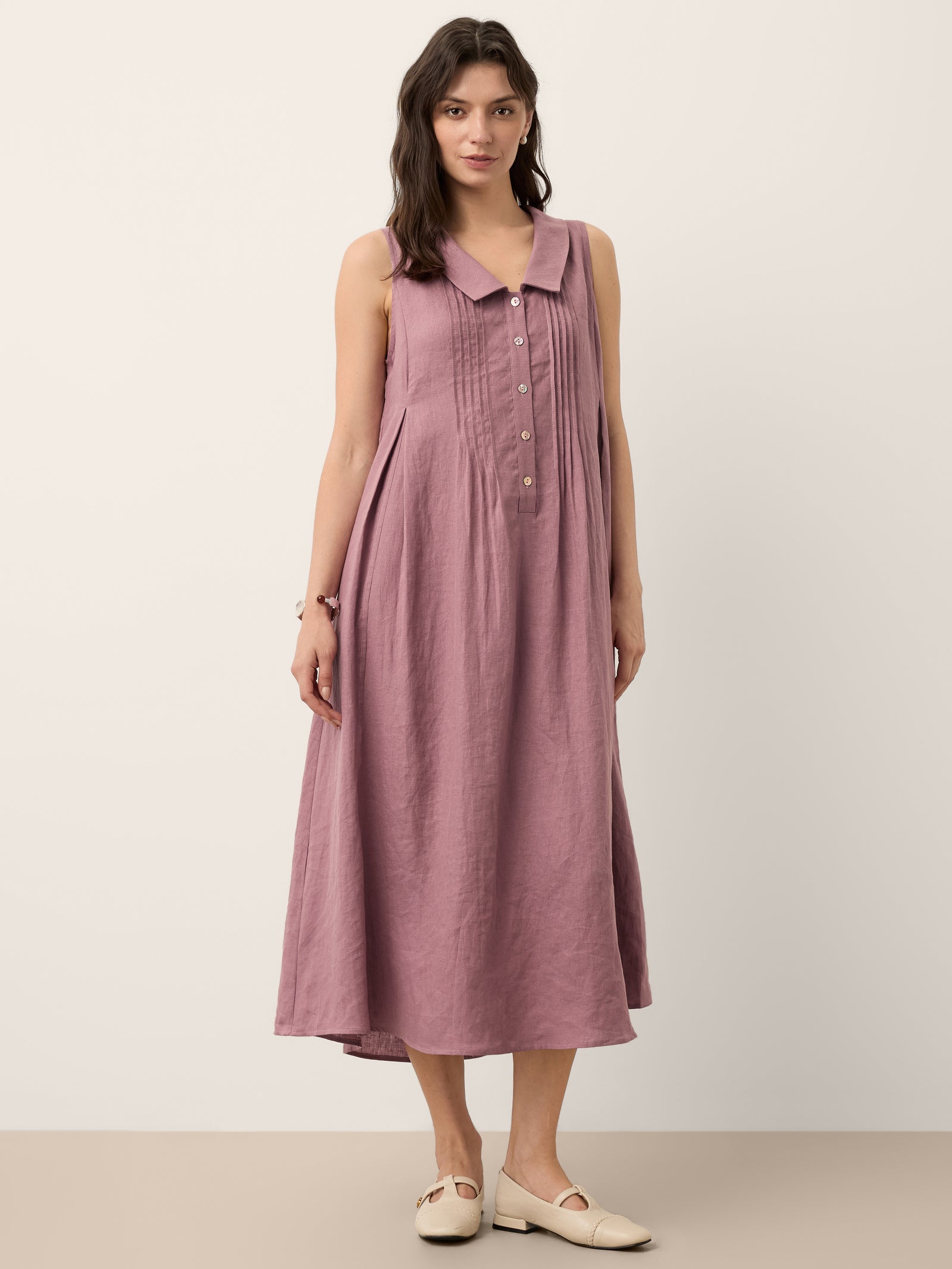 100% Linen Peter Pan Collar Pintuck Midi Dress