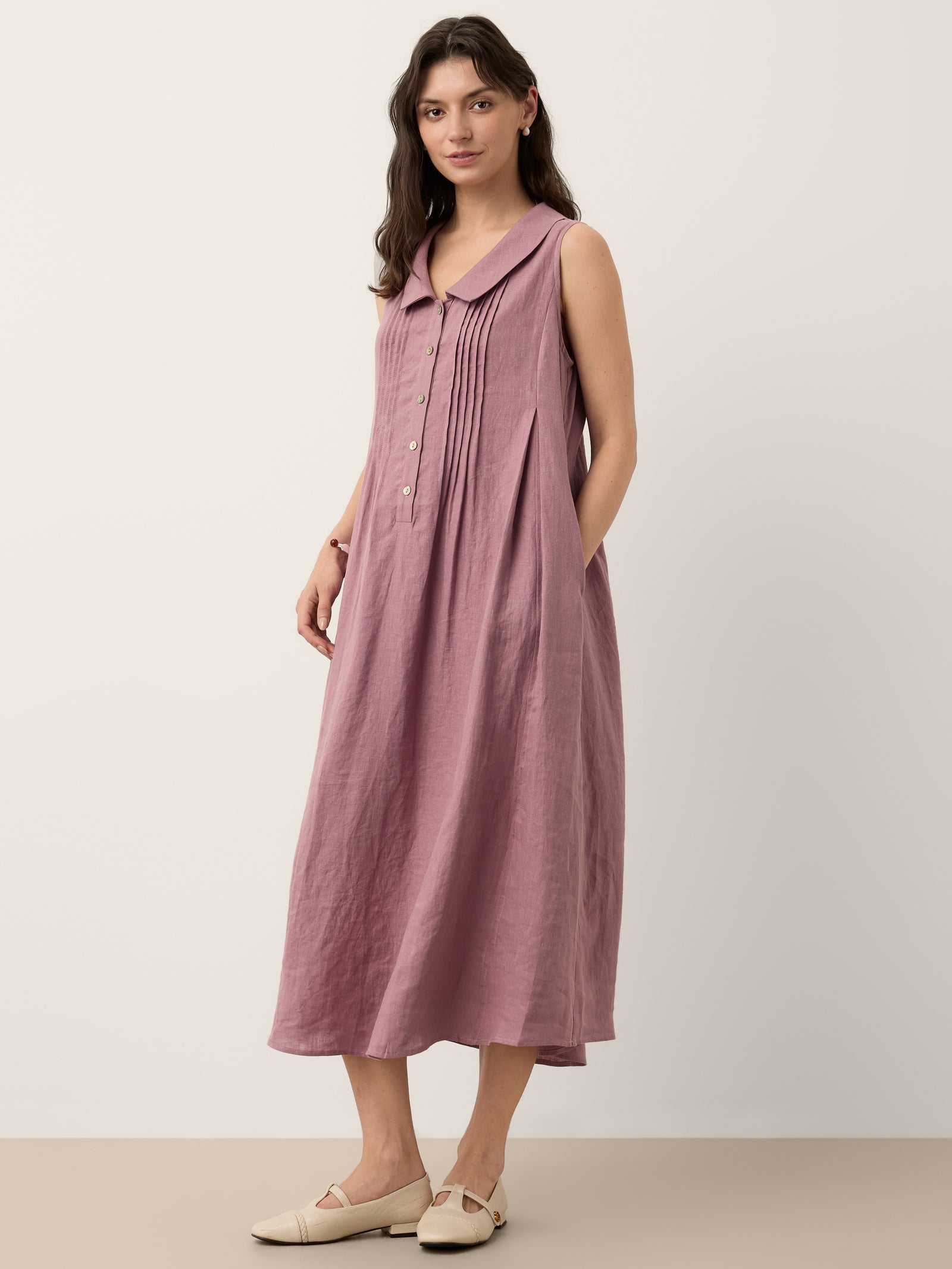 100% Linen Peter Pan Collar Pintuck Midi Dress