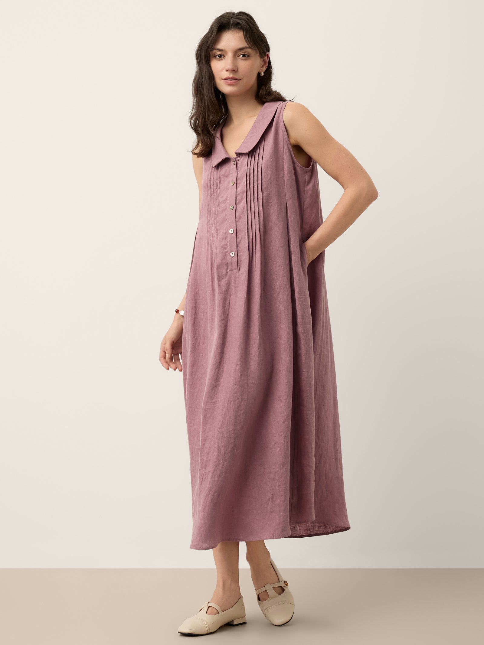 100% Linen Peter Pan Collar Pintuck Midi Dress