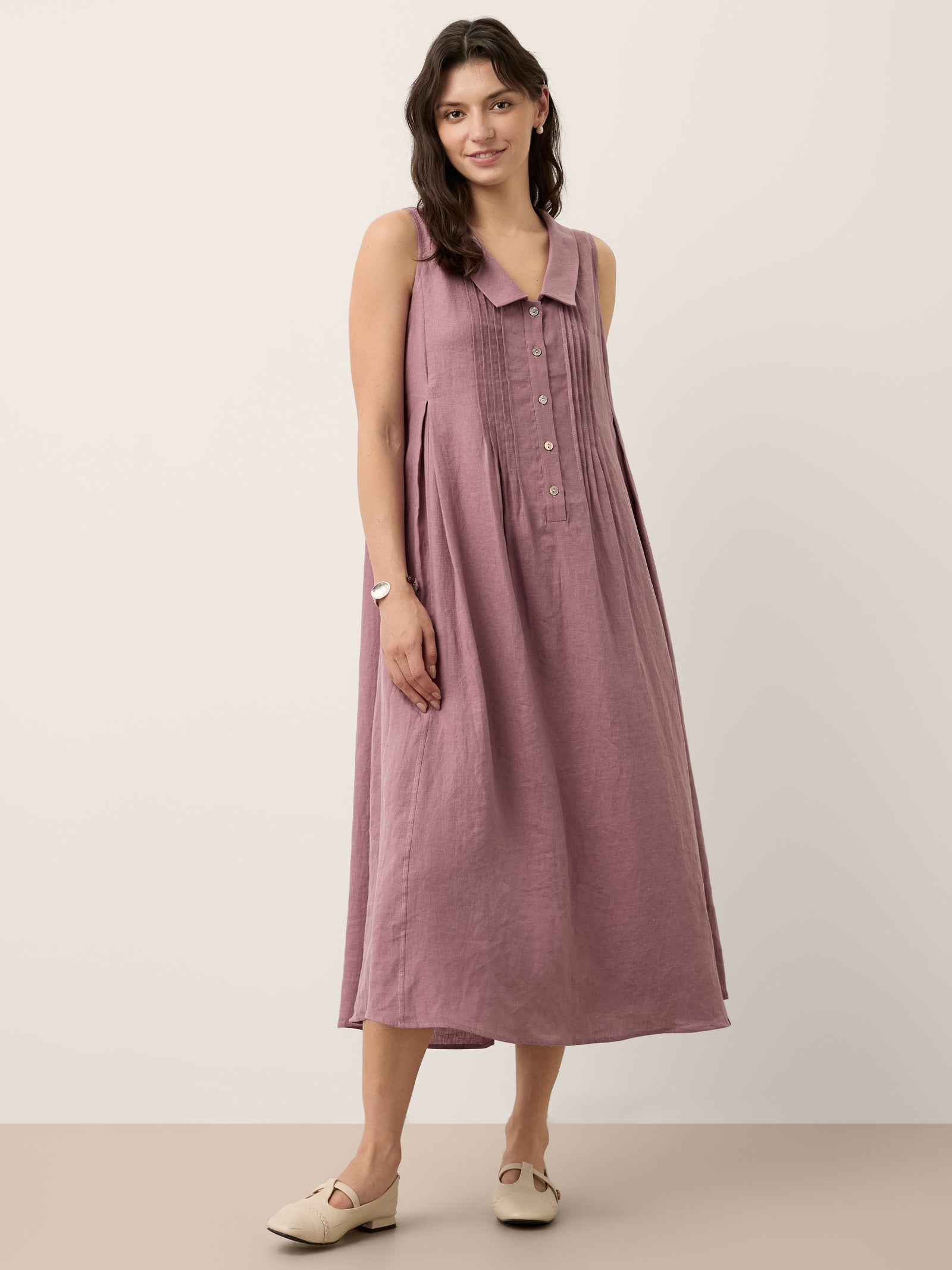 100% Linen Peter Pan Collar Pintuck Midi Dress
