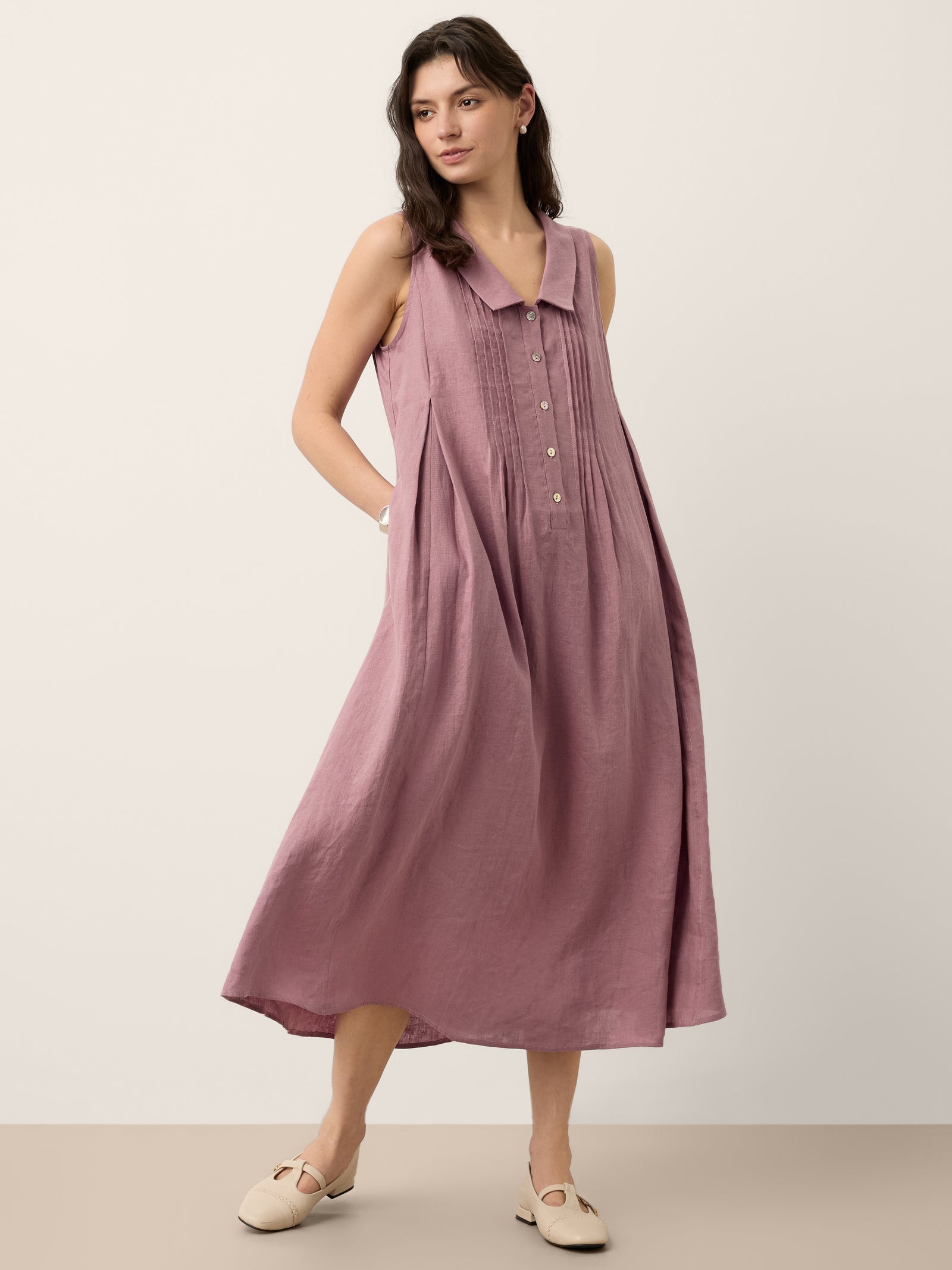 100% Linen Peter Pan Collar Pintuck Midi Dress