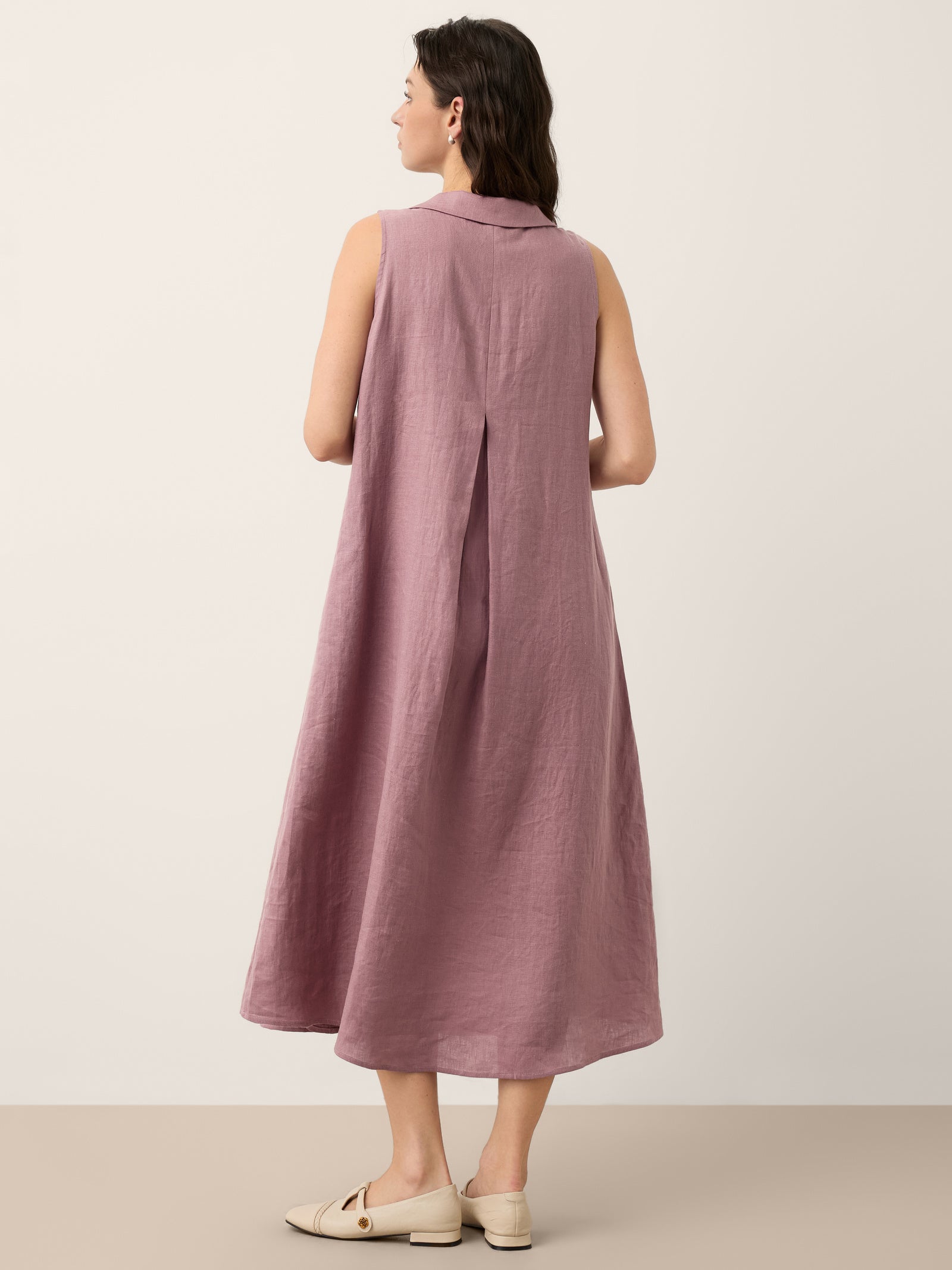 100% Linen Peter Pan Collar Pintuck Midi Dress
