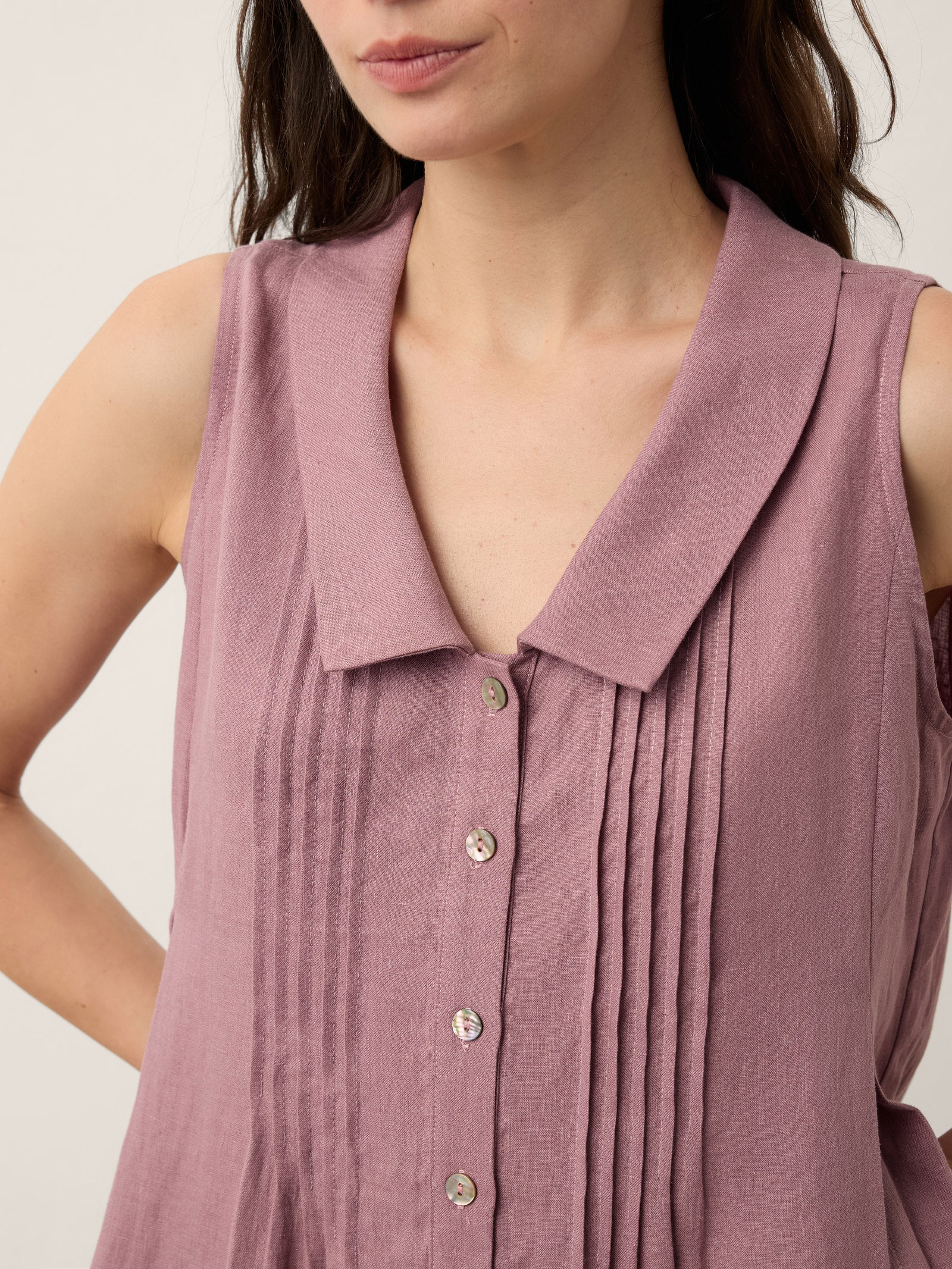100% Linen Peter Pan Collar Pintuck Midi Dress
