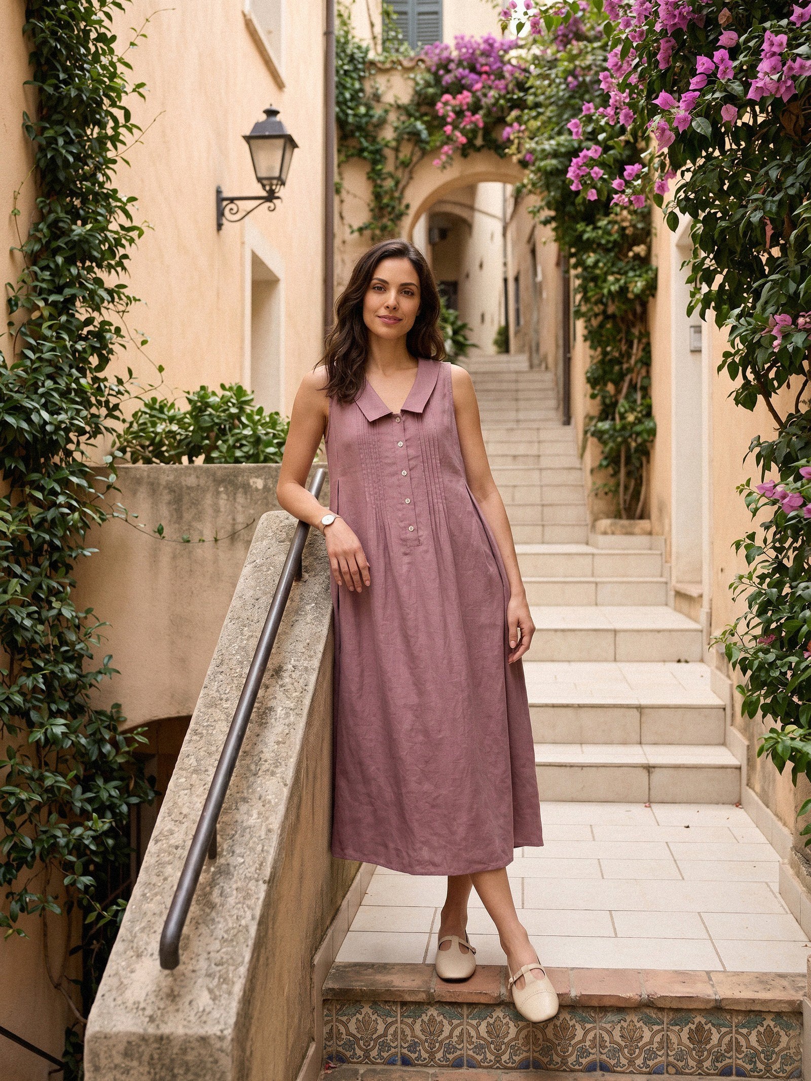 100% Linen Peter Pan Collar Pintuck Midi Dress LIANNA