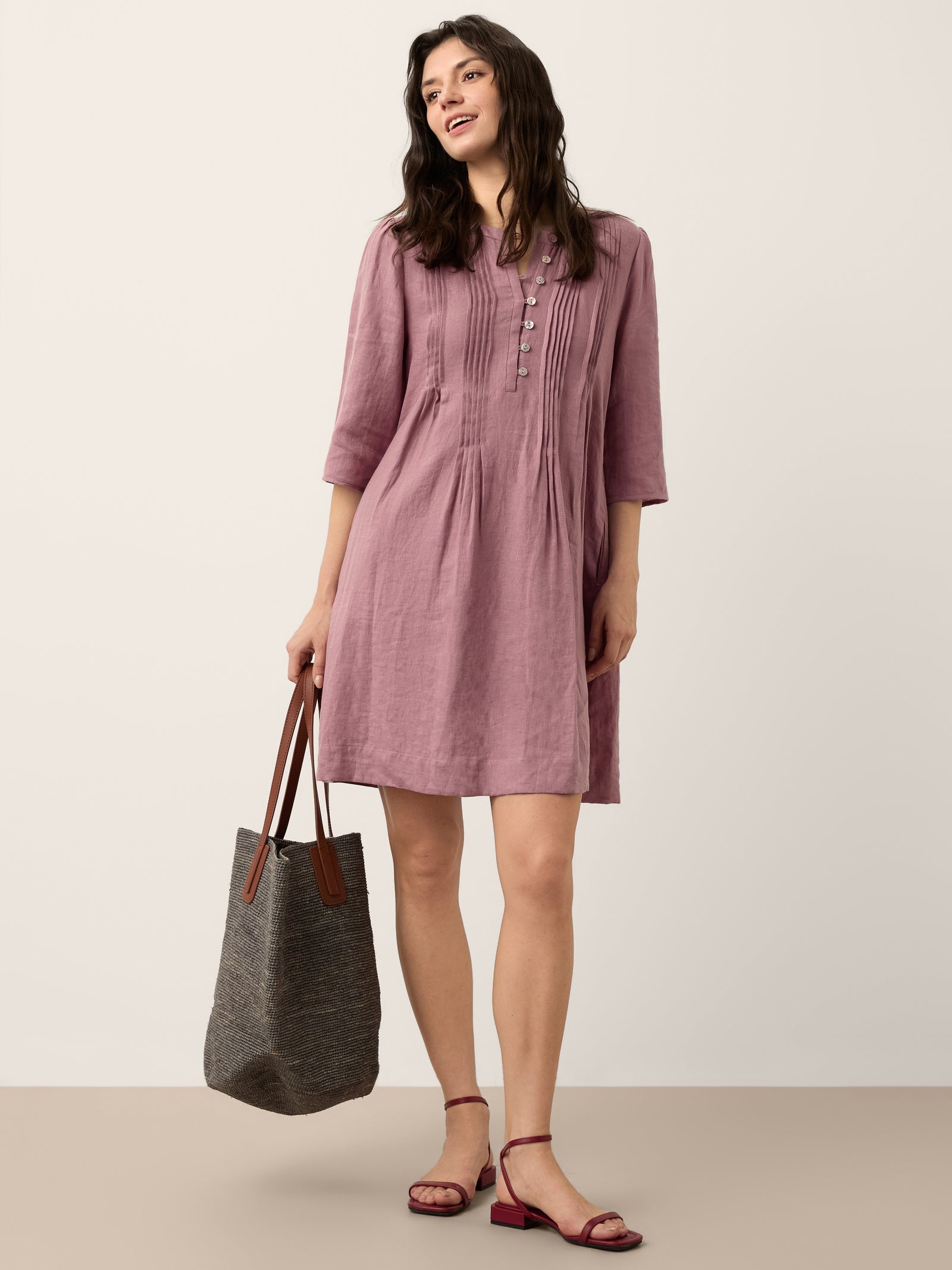 100% Linen Pintuck Puff Sleeve Mini Dress LENORA
