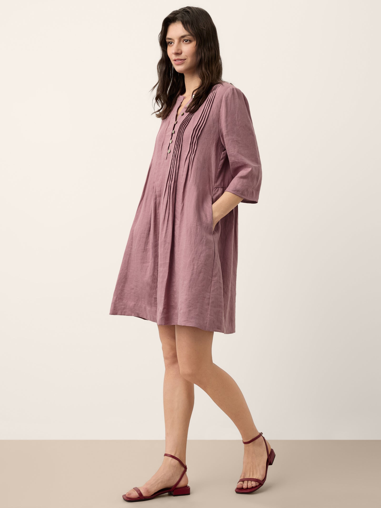 100% Linen Pintuck Puff Sleeve Mini Dress LENORA