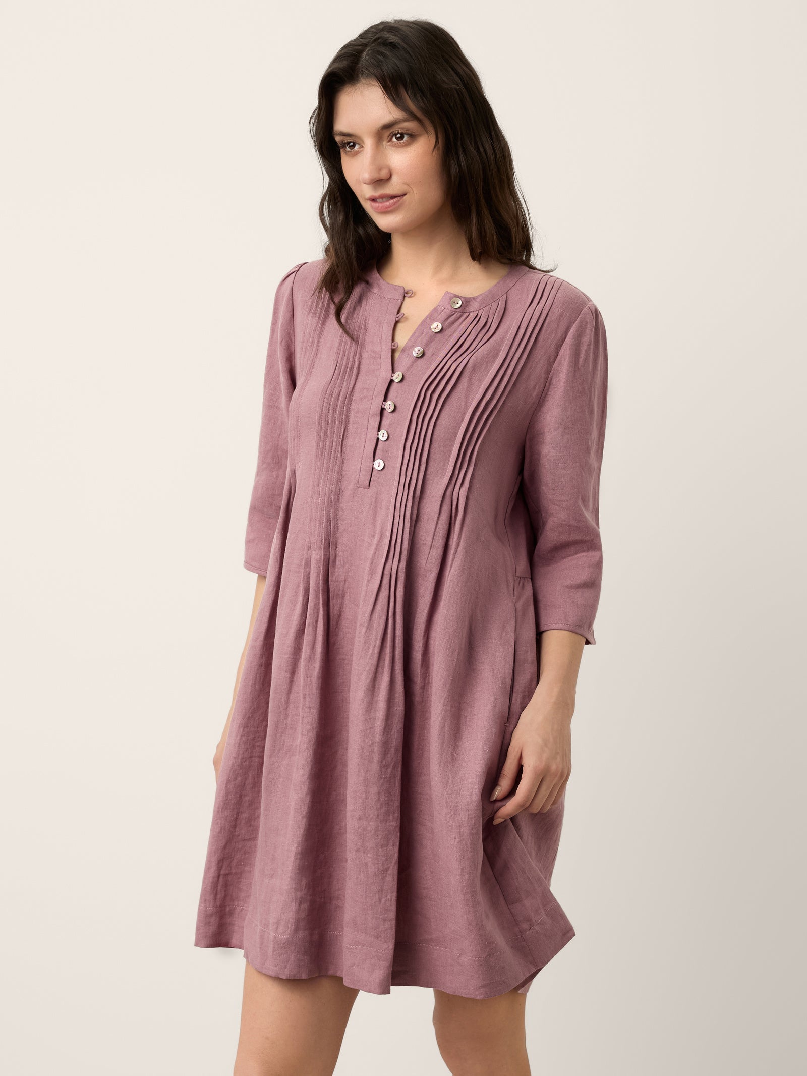 100% Linen Pintuck Puff Sleeve Mini Dress LENORA