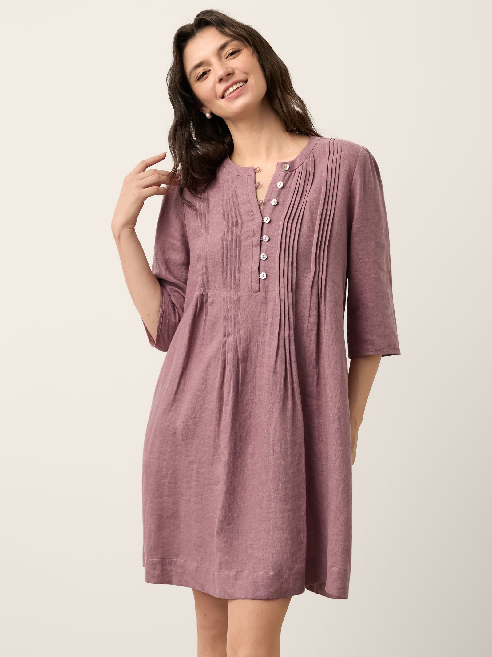 100% Linen Pintuck Puff Sleeve Mini Dress LENORA