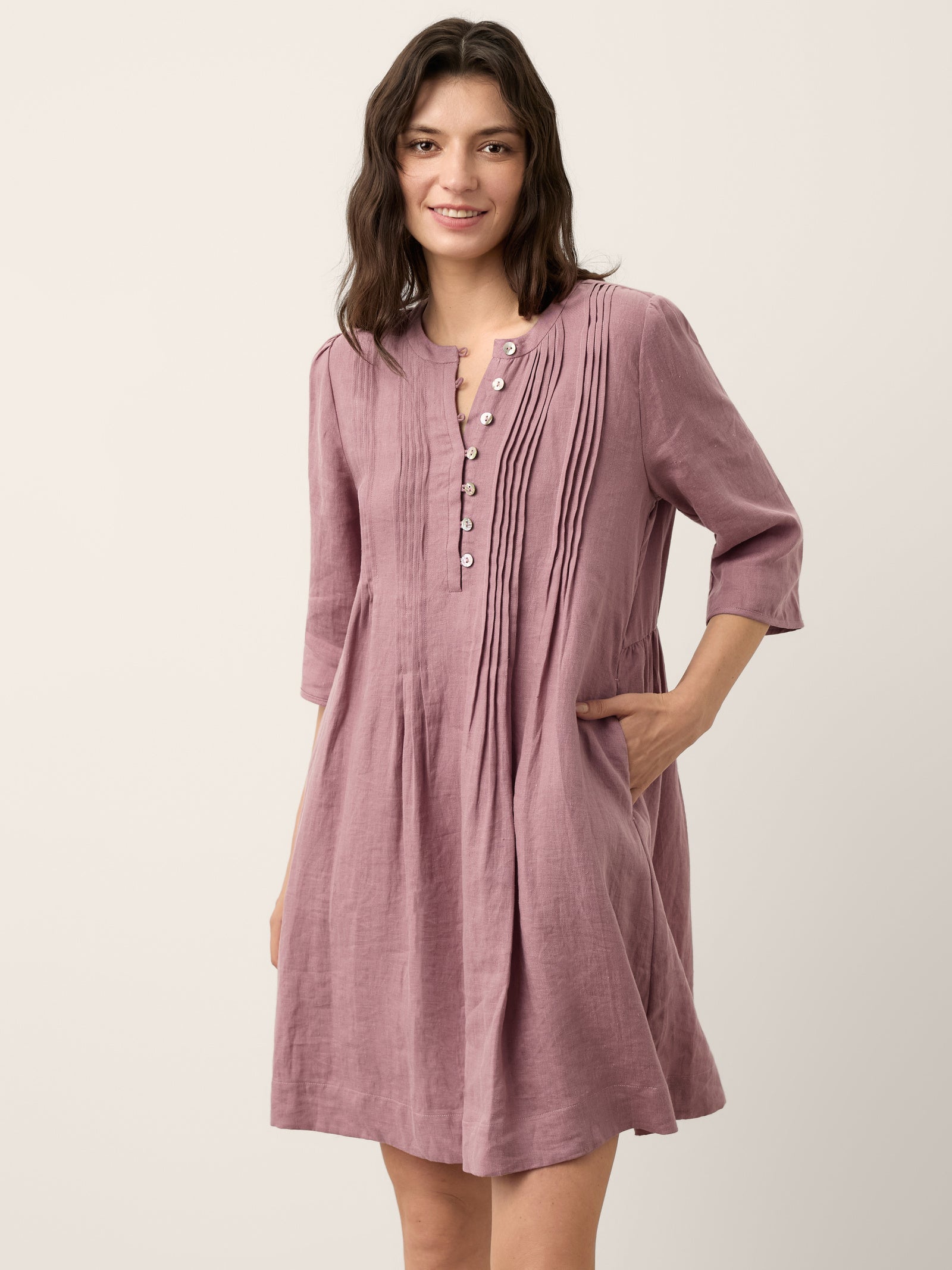 100% Linen Pintuck Puff Sleeve Mini Dress