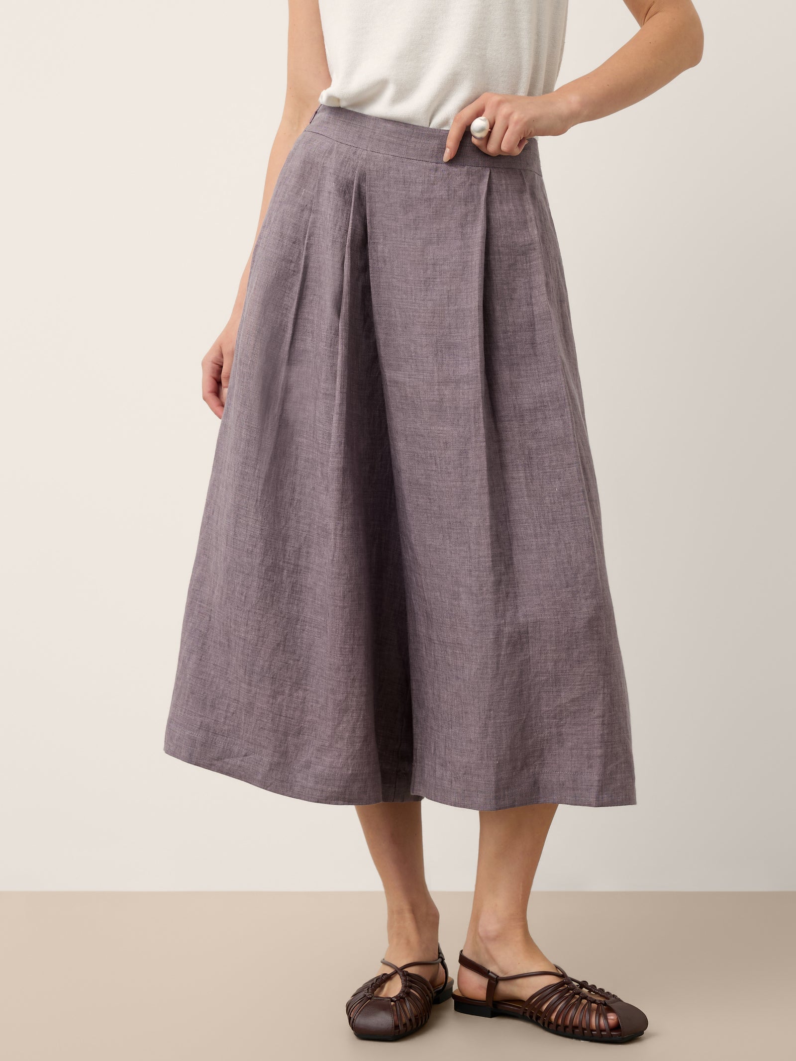 100% Linen Pleated Elastic Waist Cropped Wide Leg Pants HALCYON