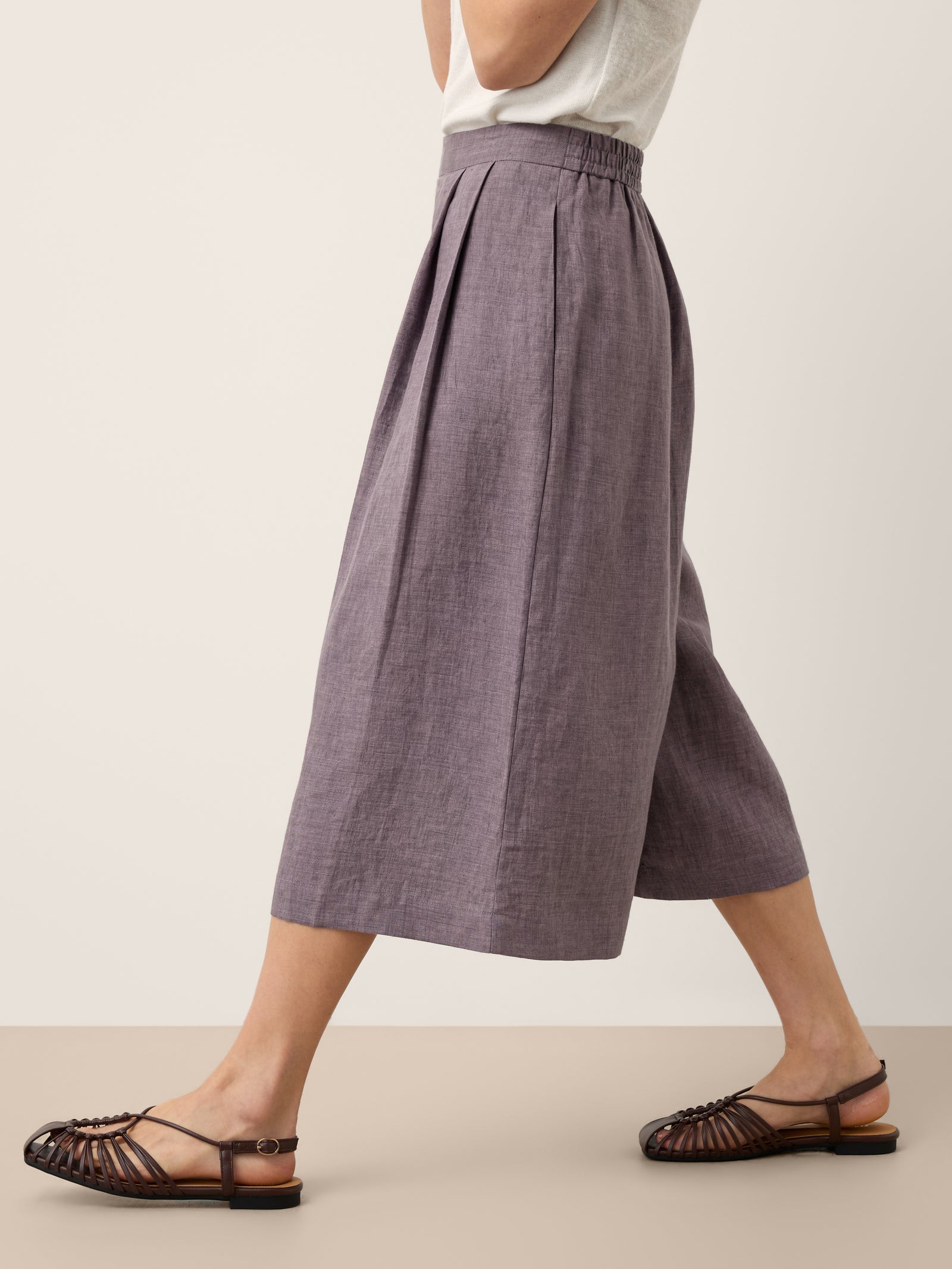 100% Linen Pleated Elastic Waist Cropped Wide Leg Pants HALCYON
