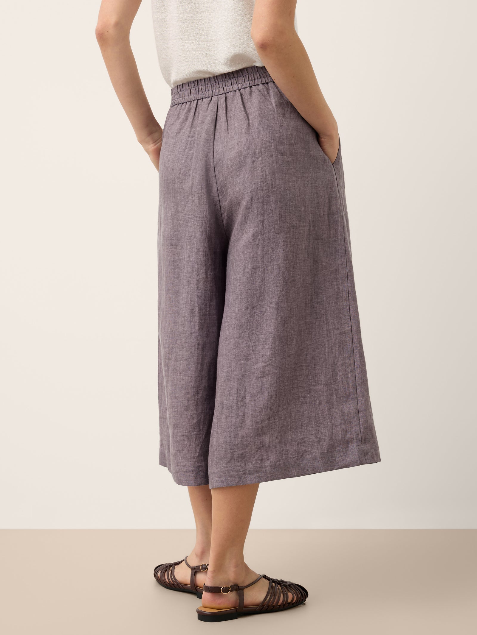 100% Linen Pleated Elastic Waist Cropped Wide Leg Pants HALCYON