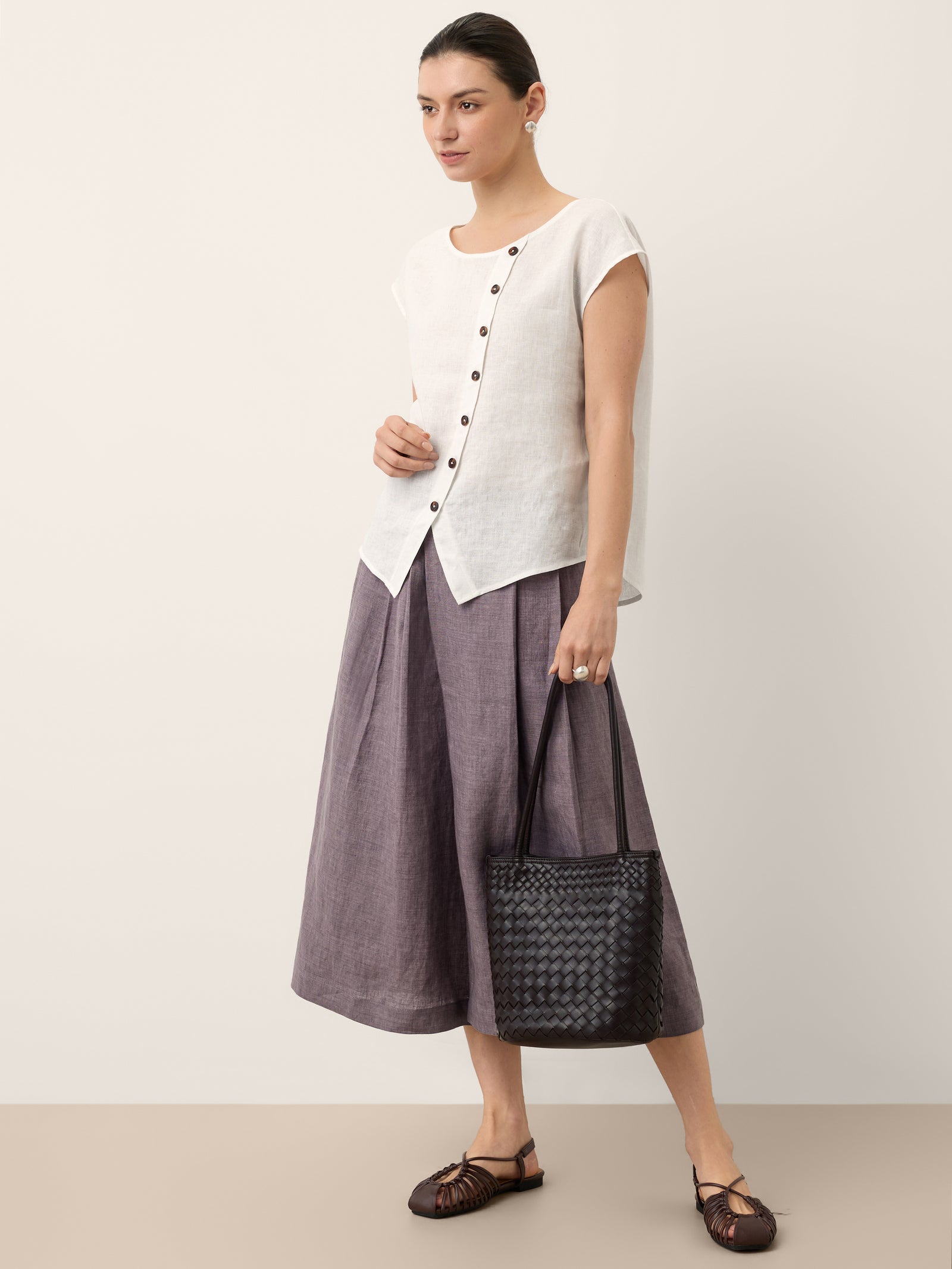100% Linen Pleated Elastic Waist Cropped Wide Leg Pants HALCYON