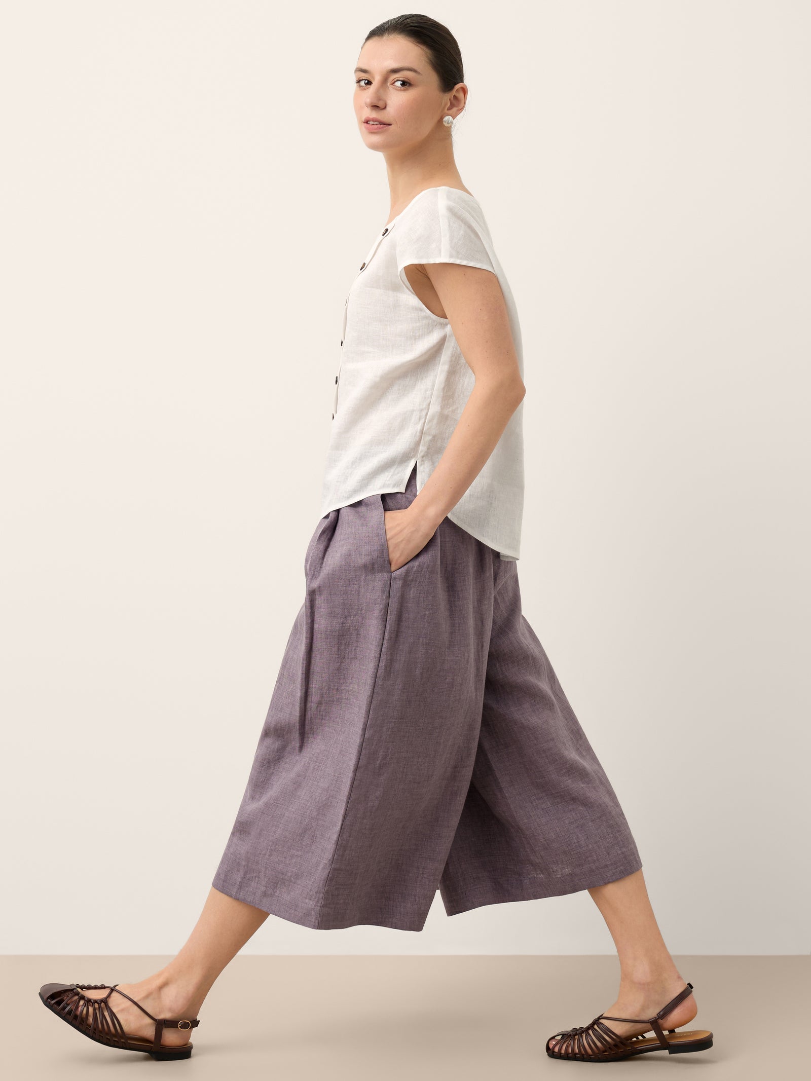 100% Linen Pleated Elastic Waist Cropped Wide Leg Pants HALCYON