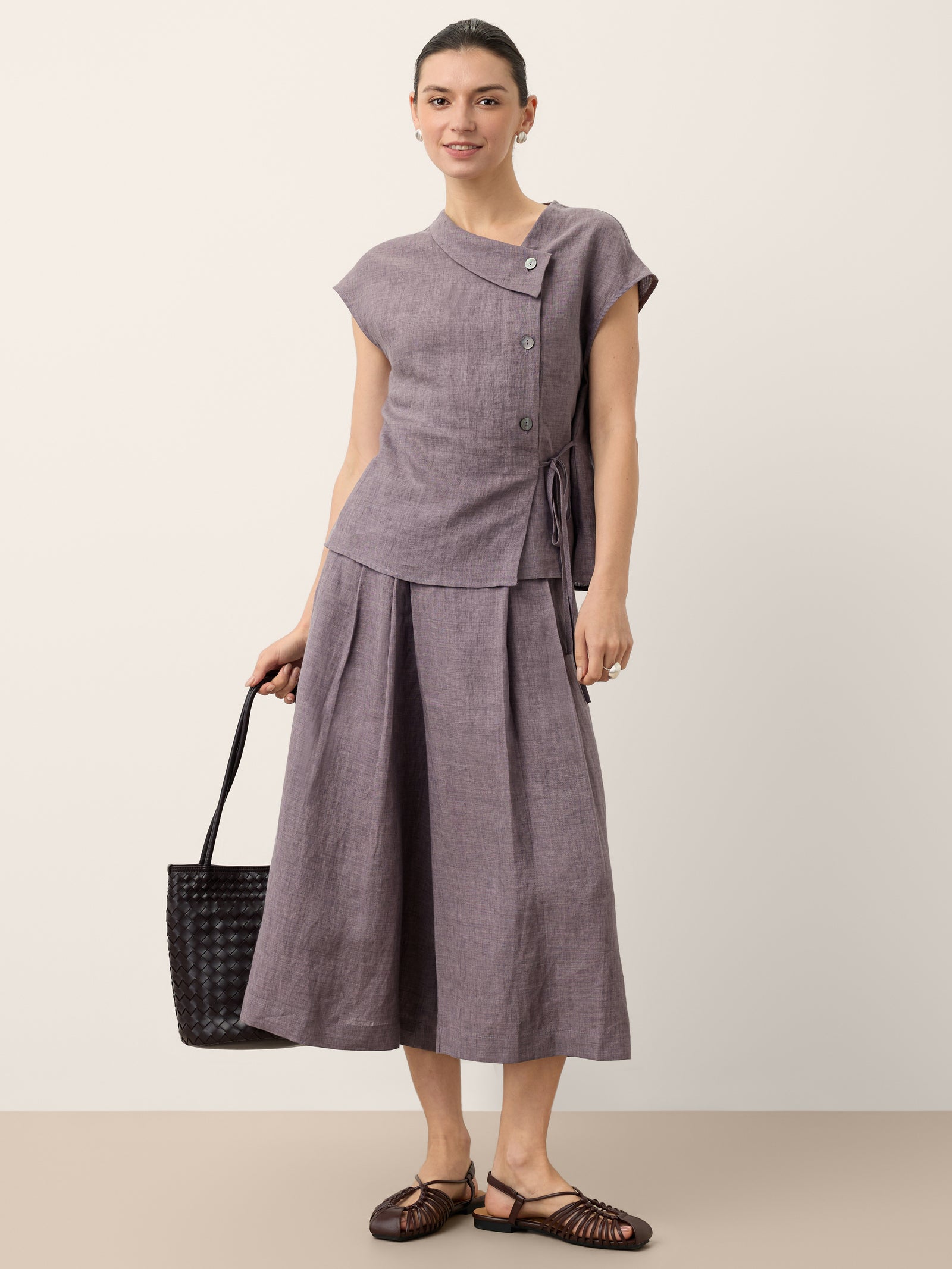 100% Linen Pleated Elastic Waist Cropped Wide Leg Pants HALCYON