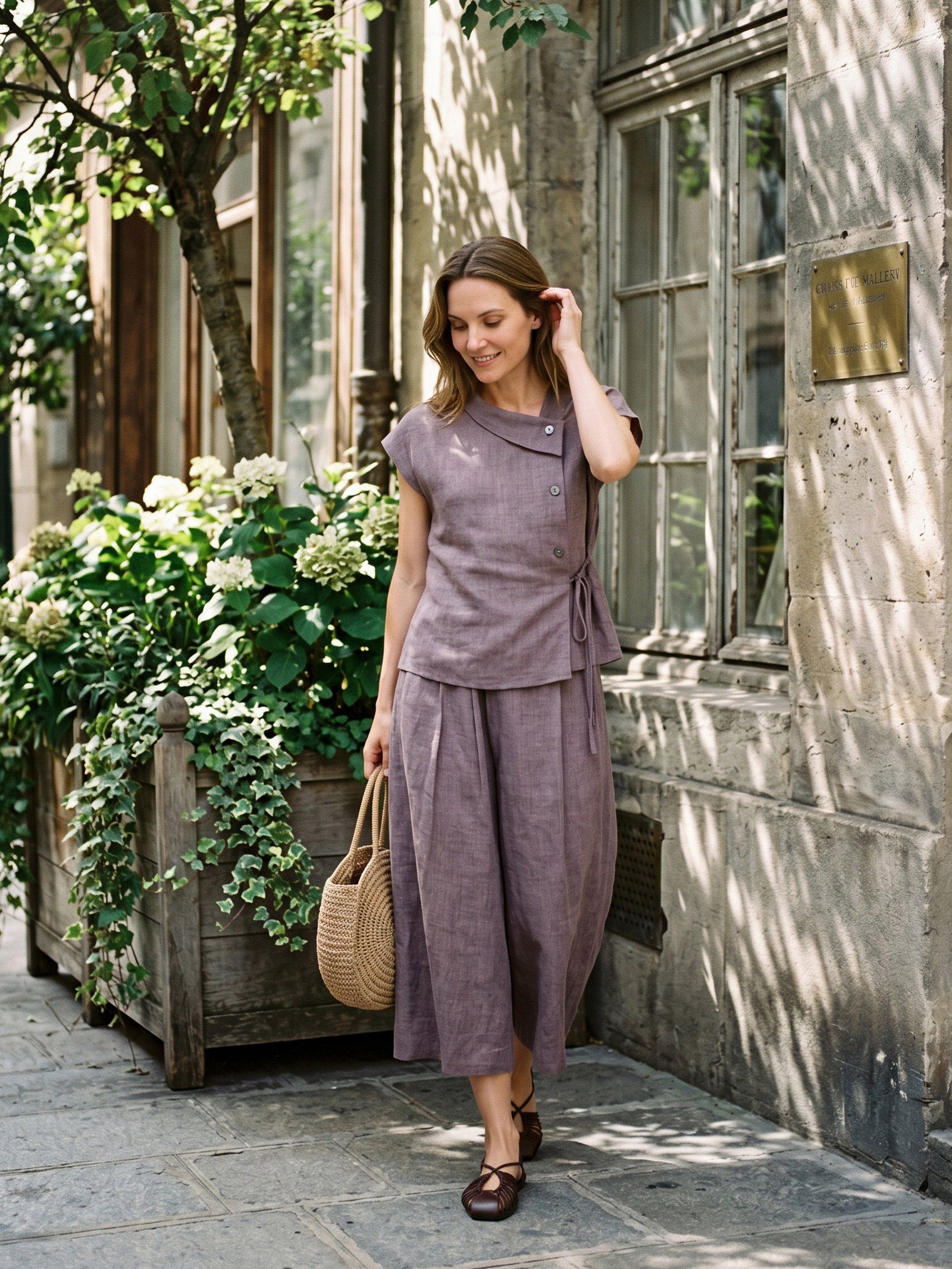 100% Linen Pleated Elastic Waist Cropped Wide Leg Pants HALCYON
