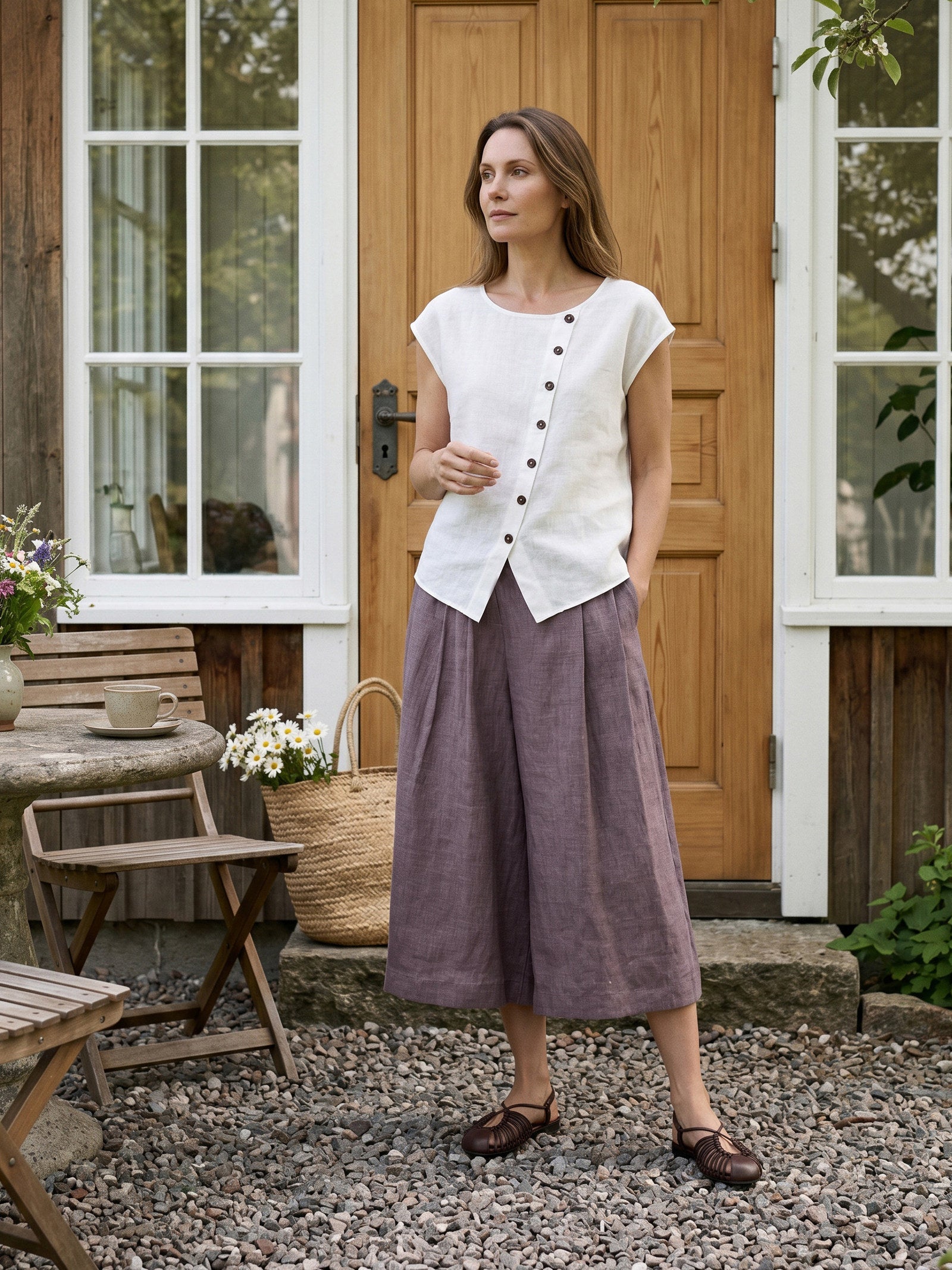 100% Linen Pleated Elastic Waist Cropped Wide Leg Pants HALCYON