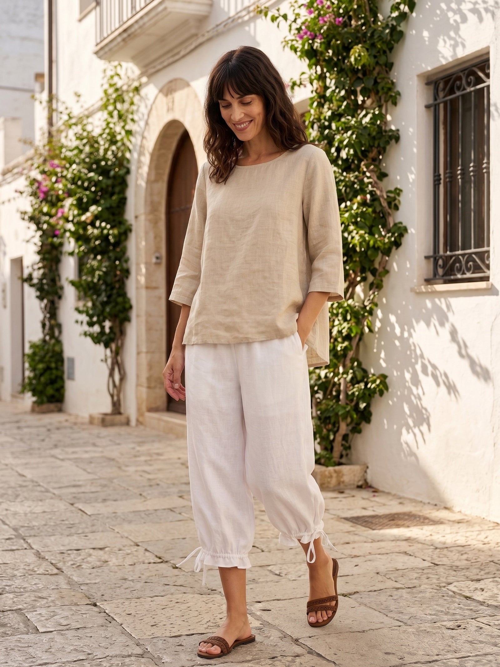 100% Linen Round Neck Asymmetrical Hem Top BRIANNA
