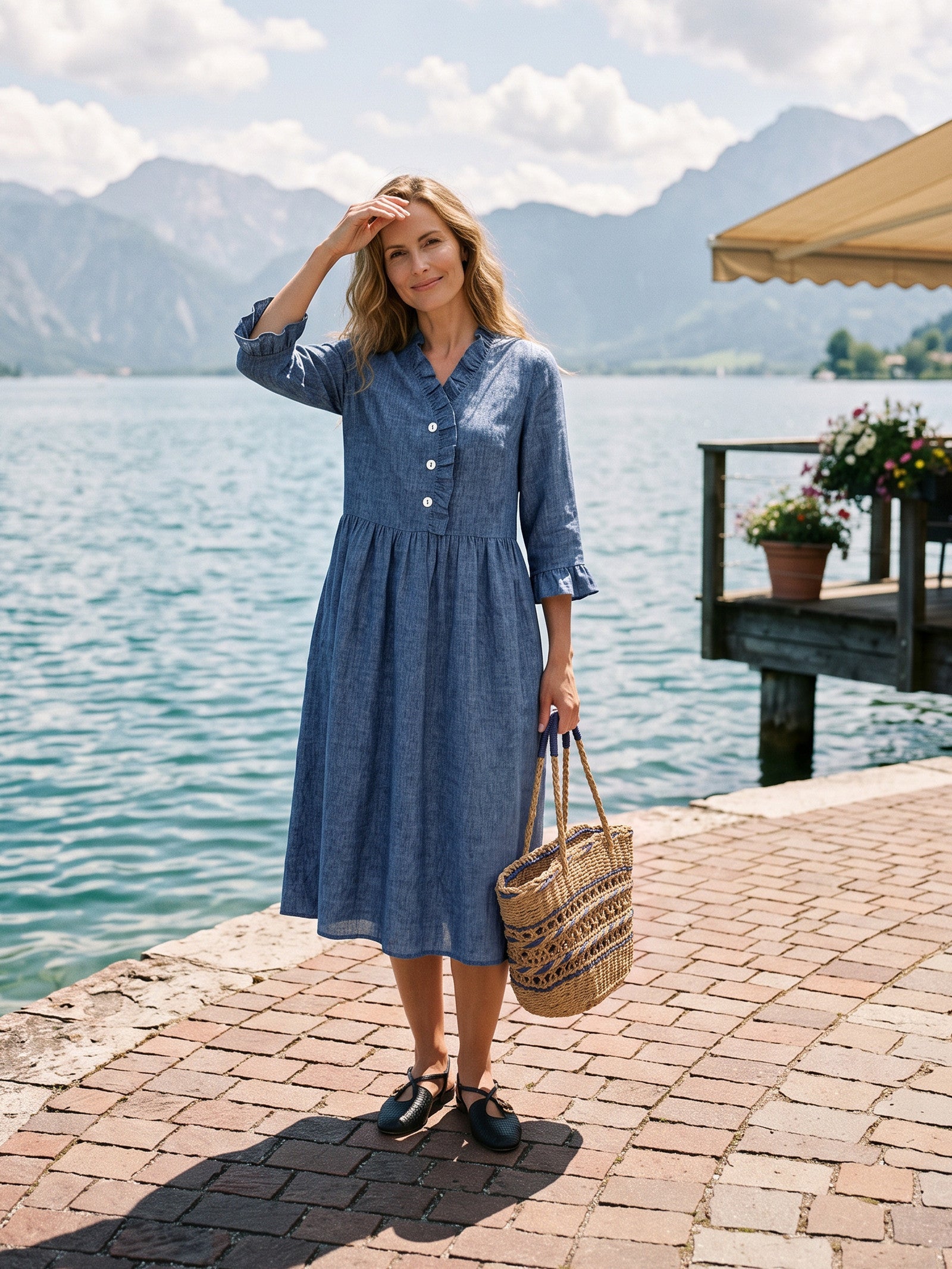 100% Linen Ruffle Placket A Line Midi Dress SAMARA