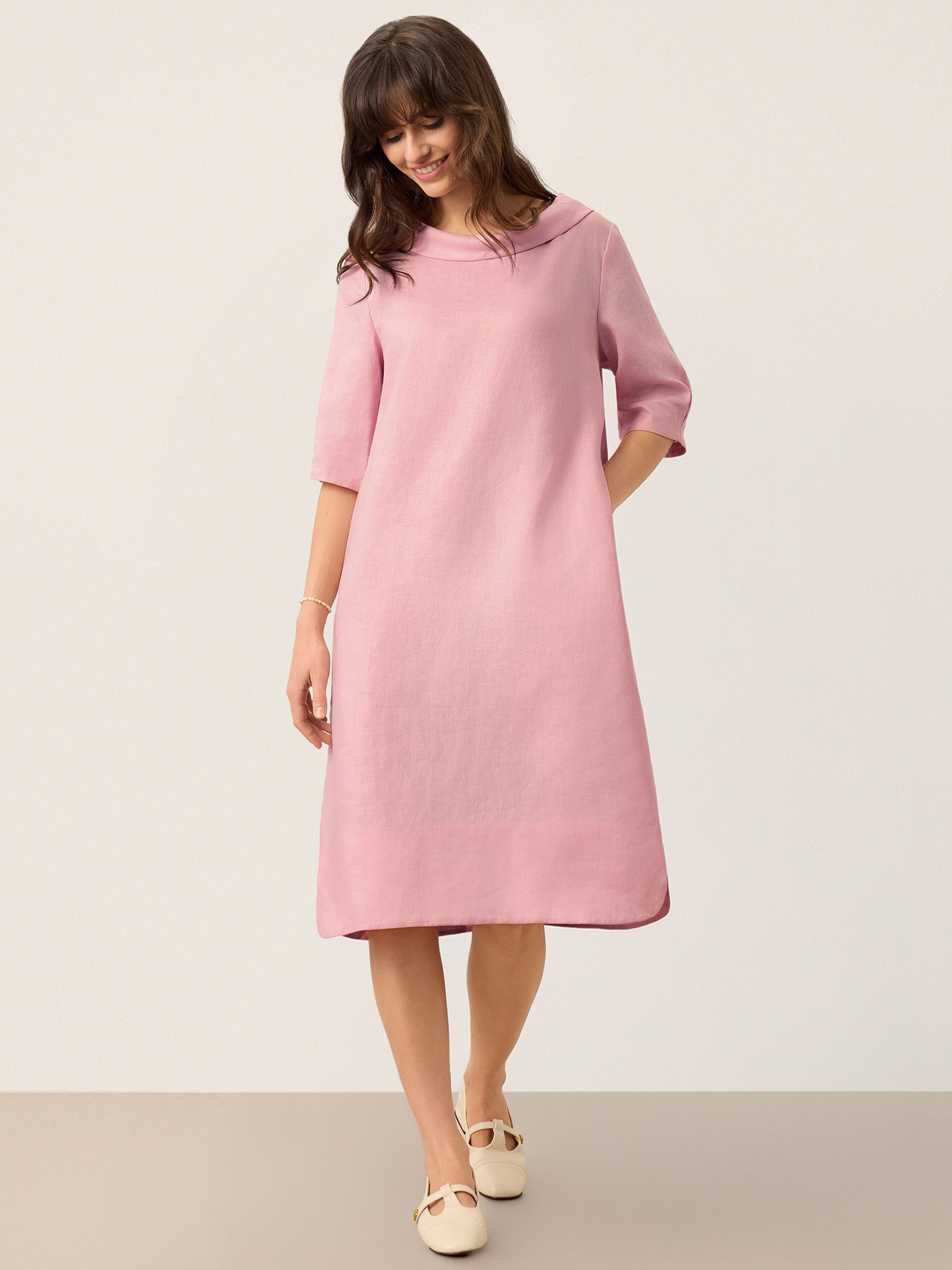 100% Linen Sculpted Bateau Tie-Back Midi Dress SABRINA