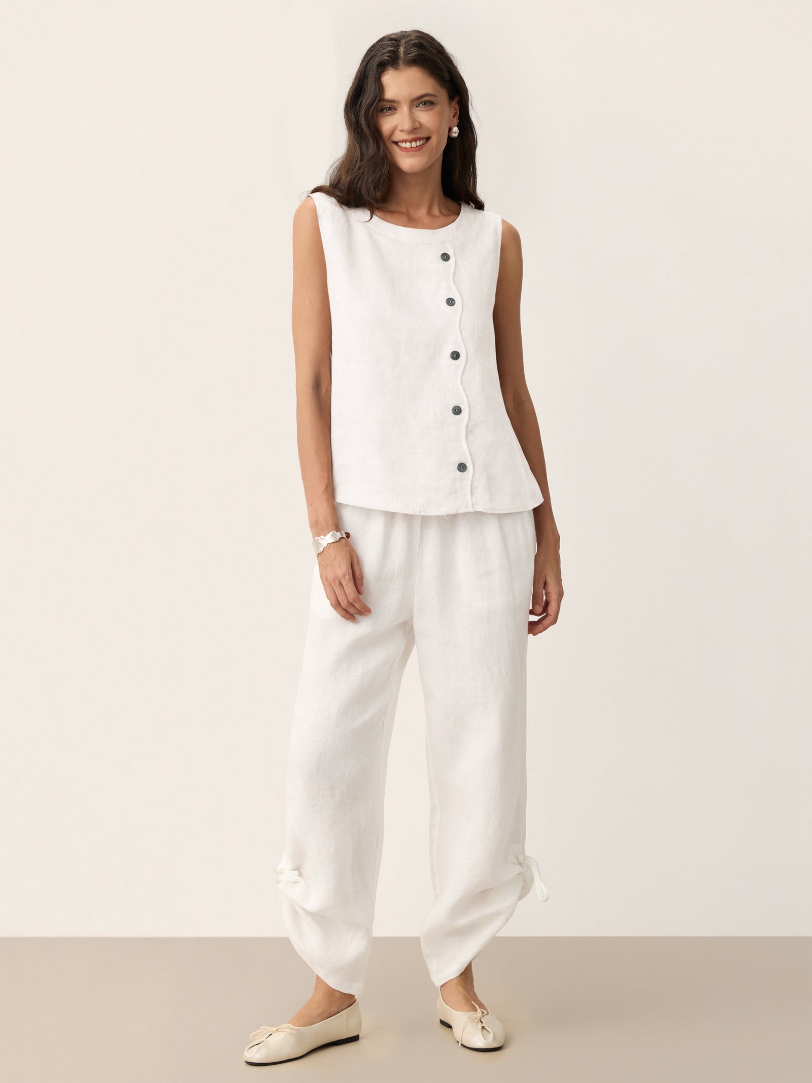 100% Linen Shell Button Detail Sleeveless Top GALATEA