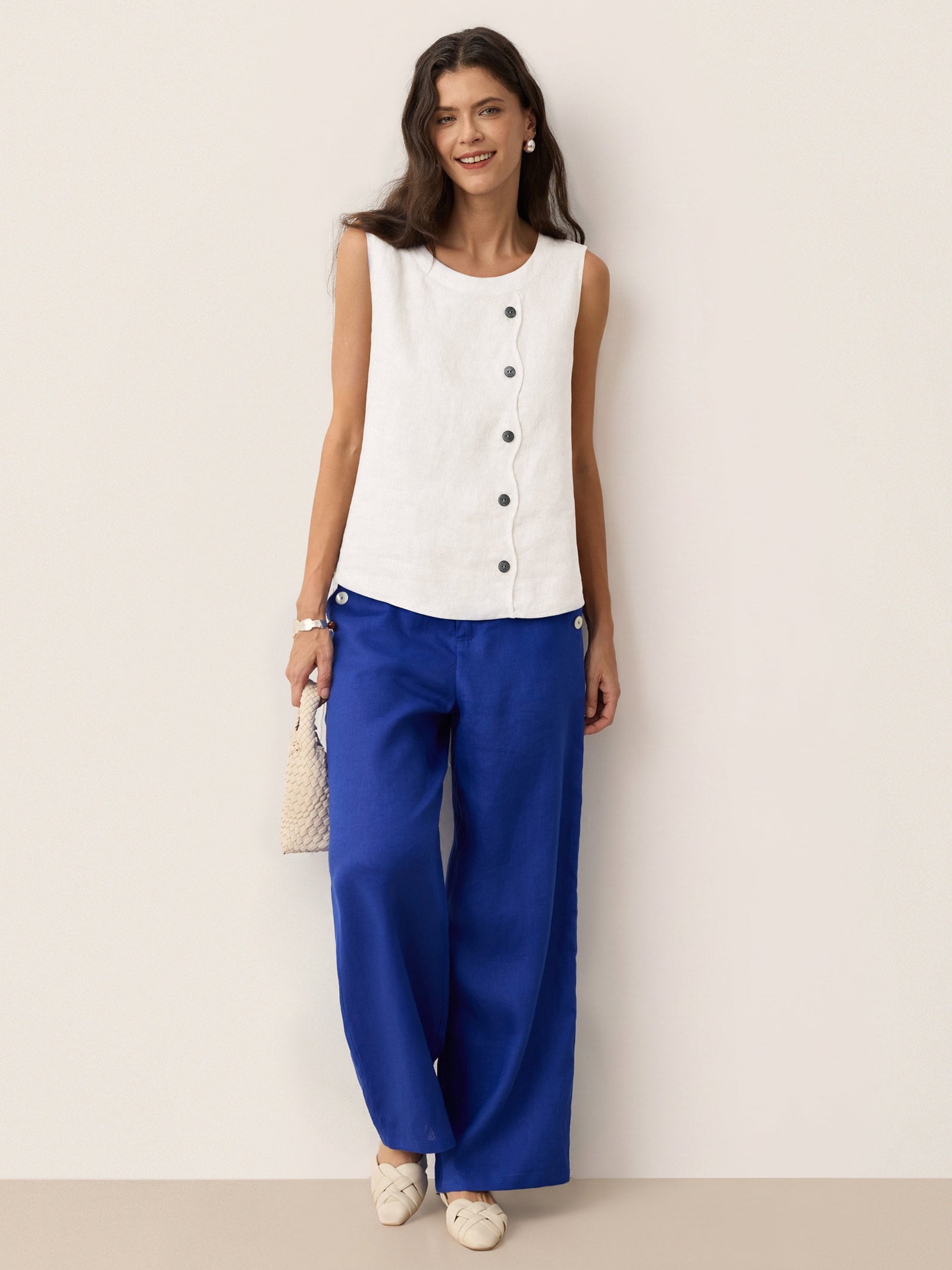 100% Linen Shell Button Detail Sleeveless Top GALATEA