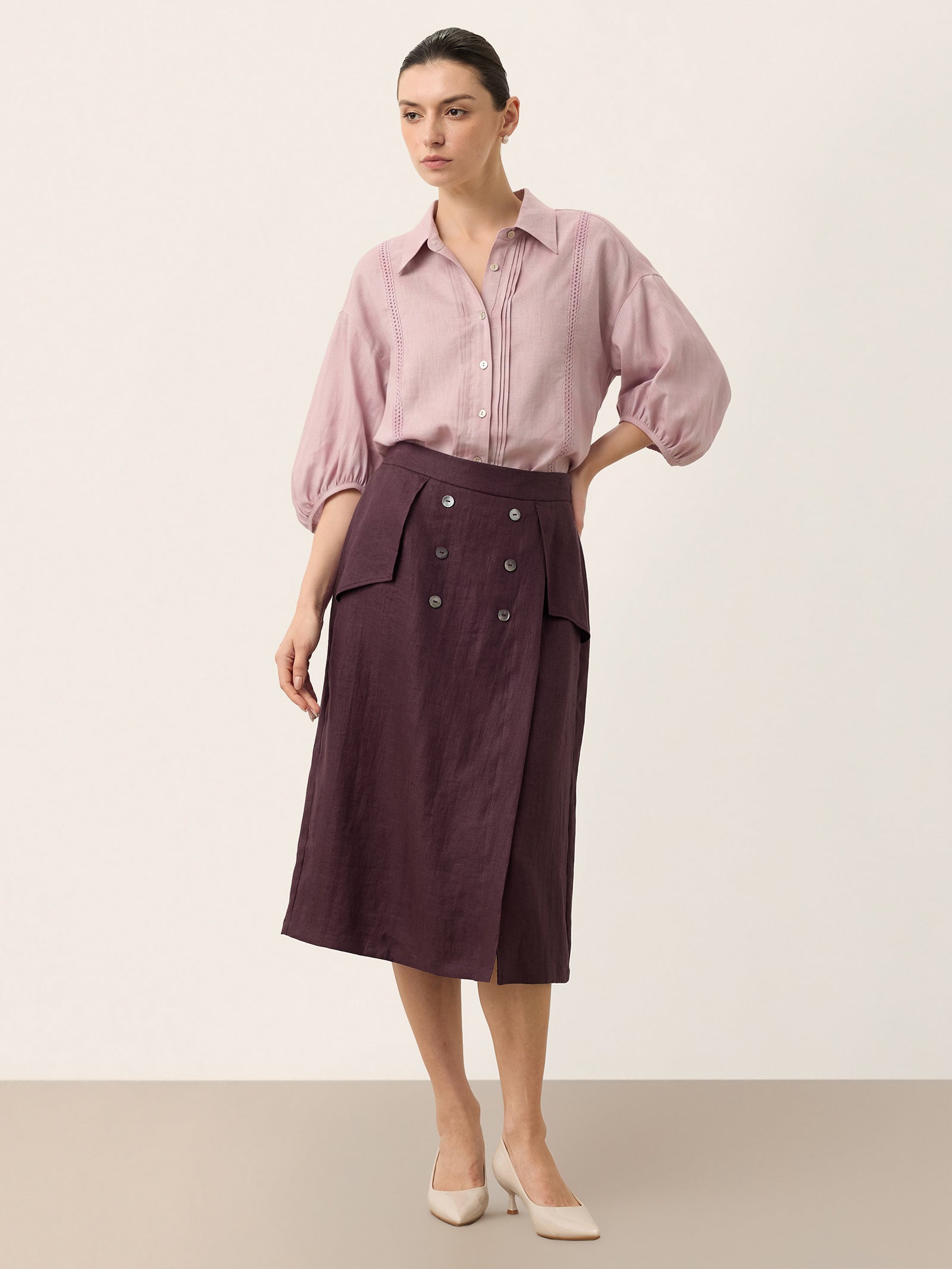 100% Linen Pintuck Lace Inset Shirt MALINA