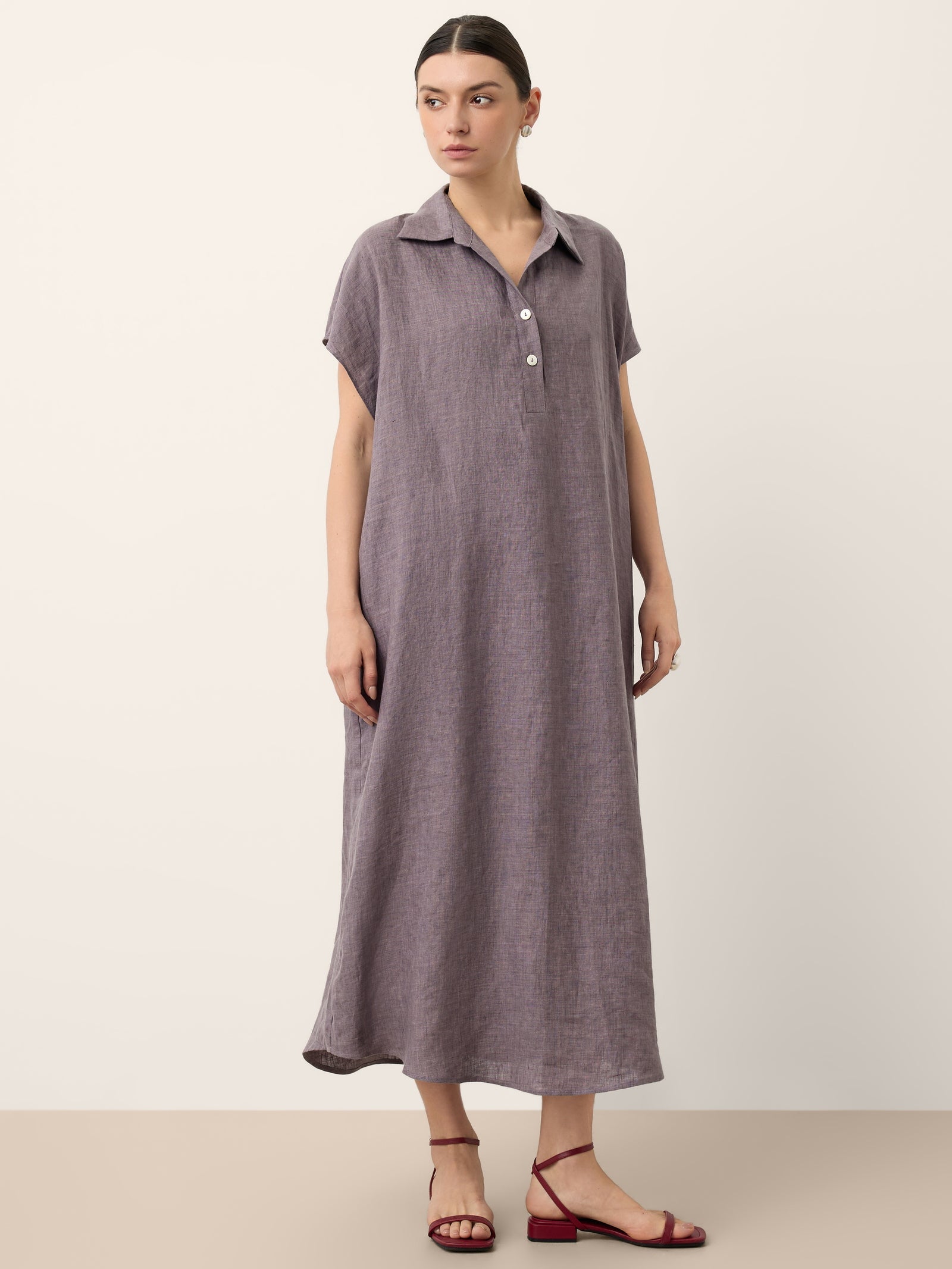 100% Linen Shirt Collar Cap Sleeve Maxi Dress ILONA