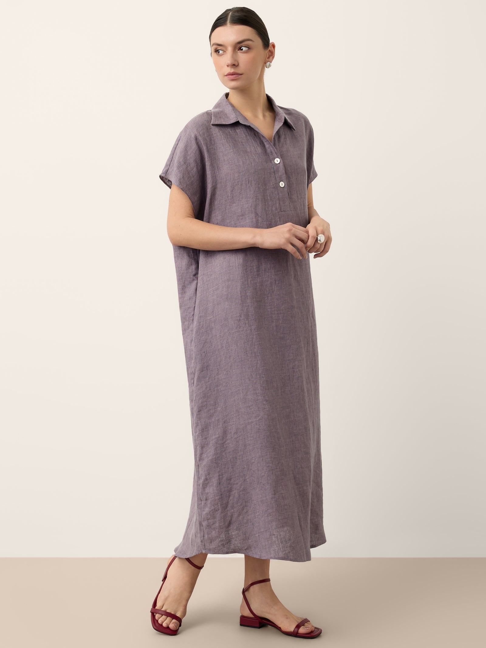 100% Linen Shirt Collar Cap Sleeve Maxi Dress ILONA