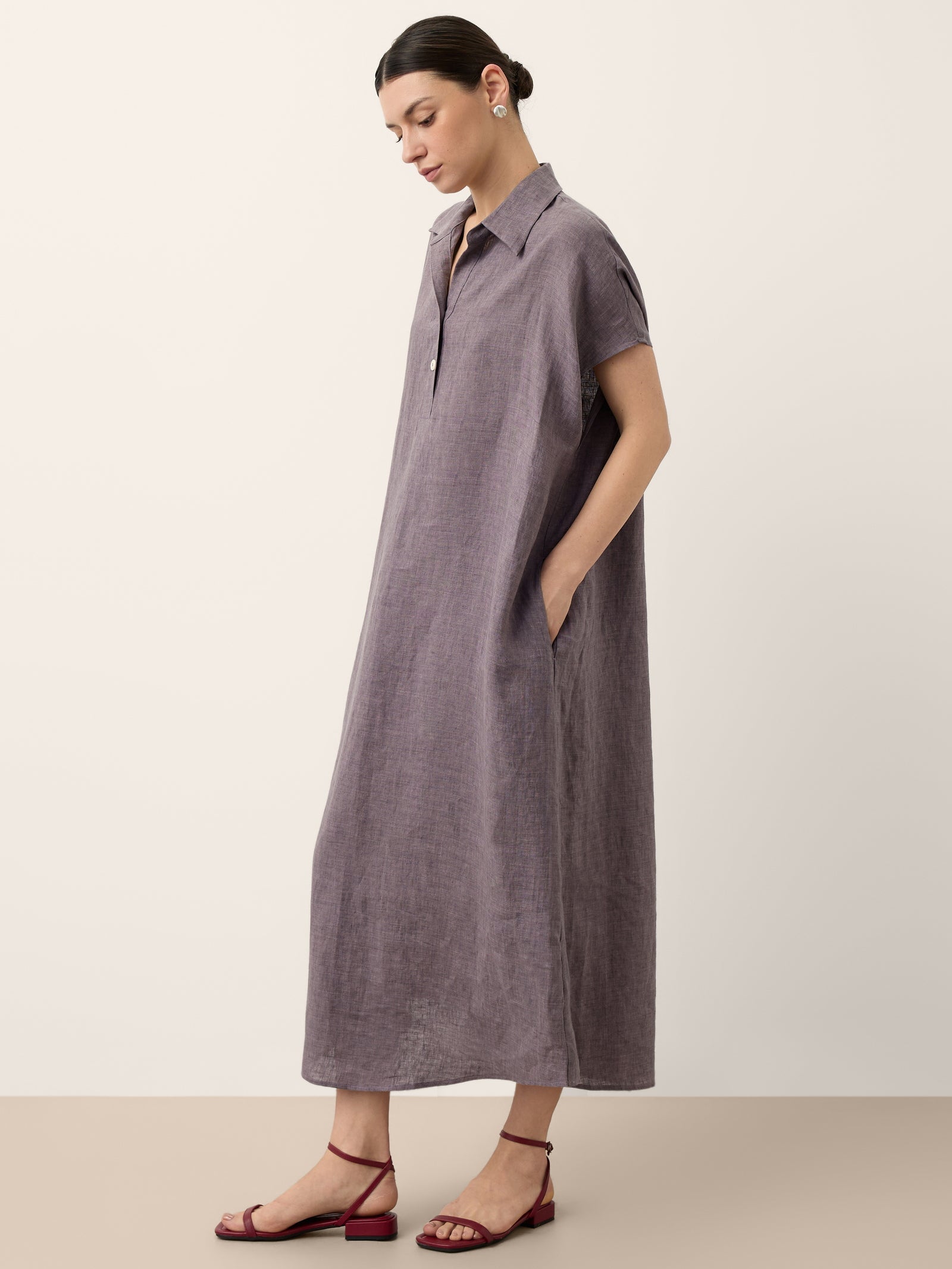 100% Linen Shirt Collar Cap Sleeve Maxi Dress ILONA