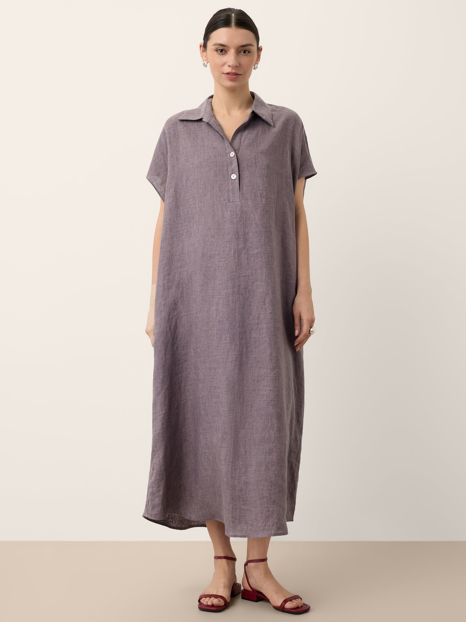100% Linen Shirt Collar Cap Sleeve Maxi Dress ILONA