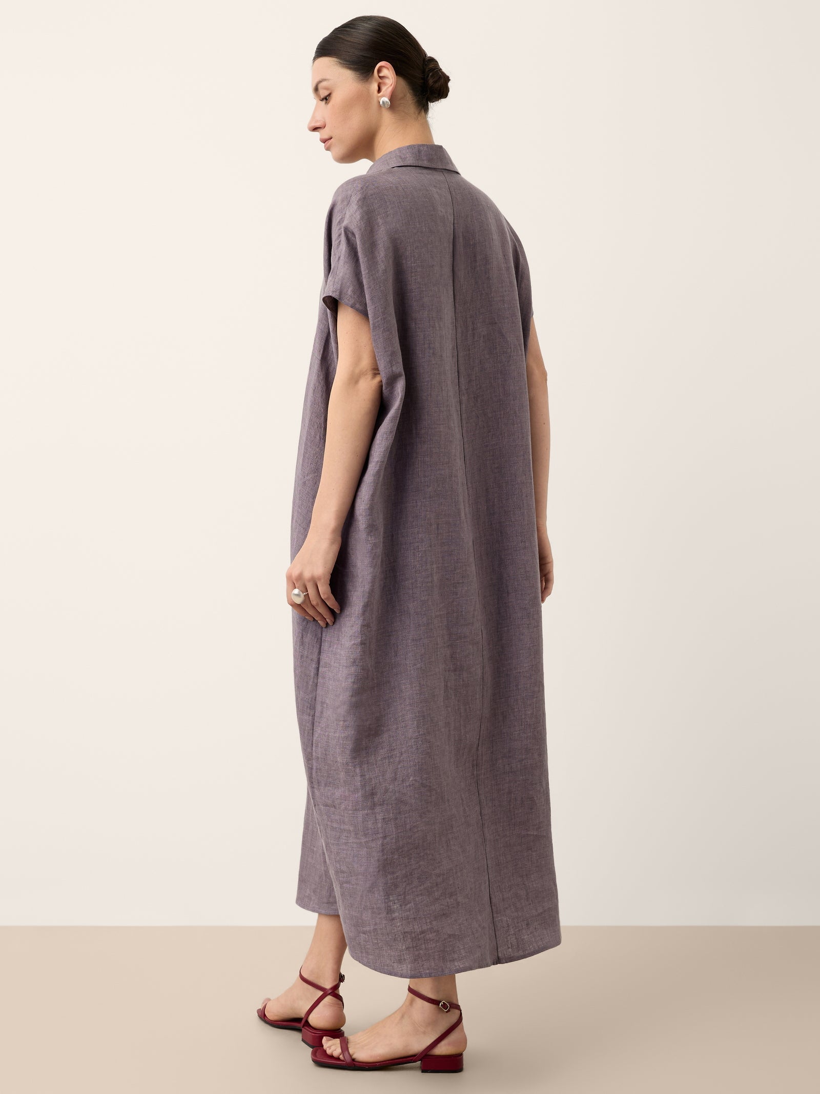 100% Linen Shirt Collar Cap Sleeve Maxi Dress ILONA