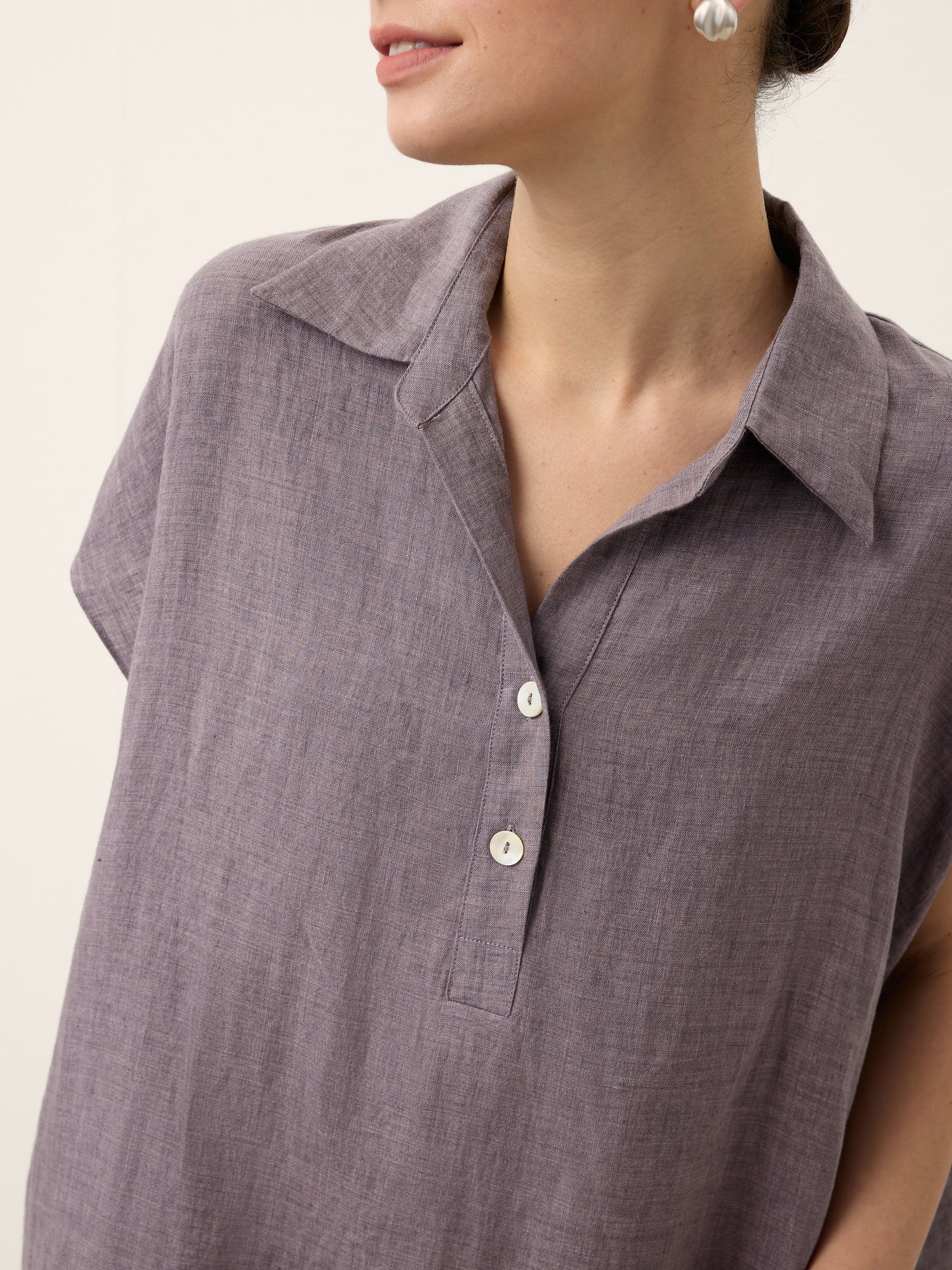 100% Linen Shirt Collar Cap Sleeve Maxi Dress ILONA