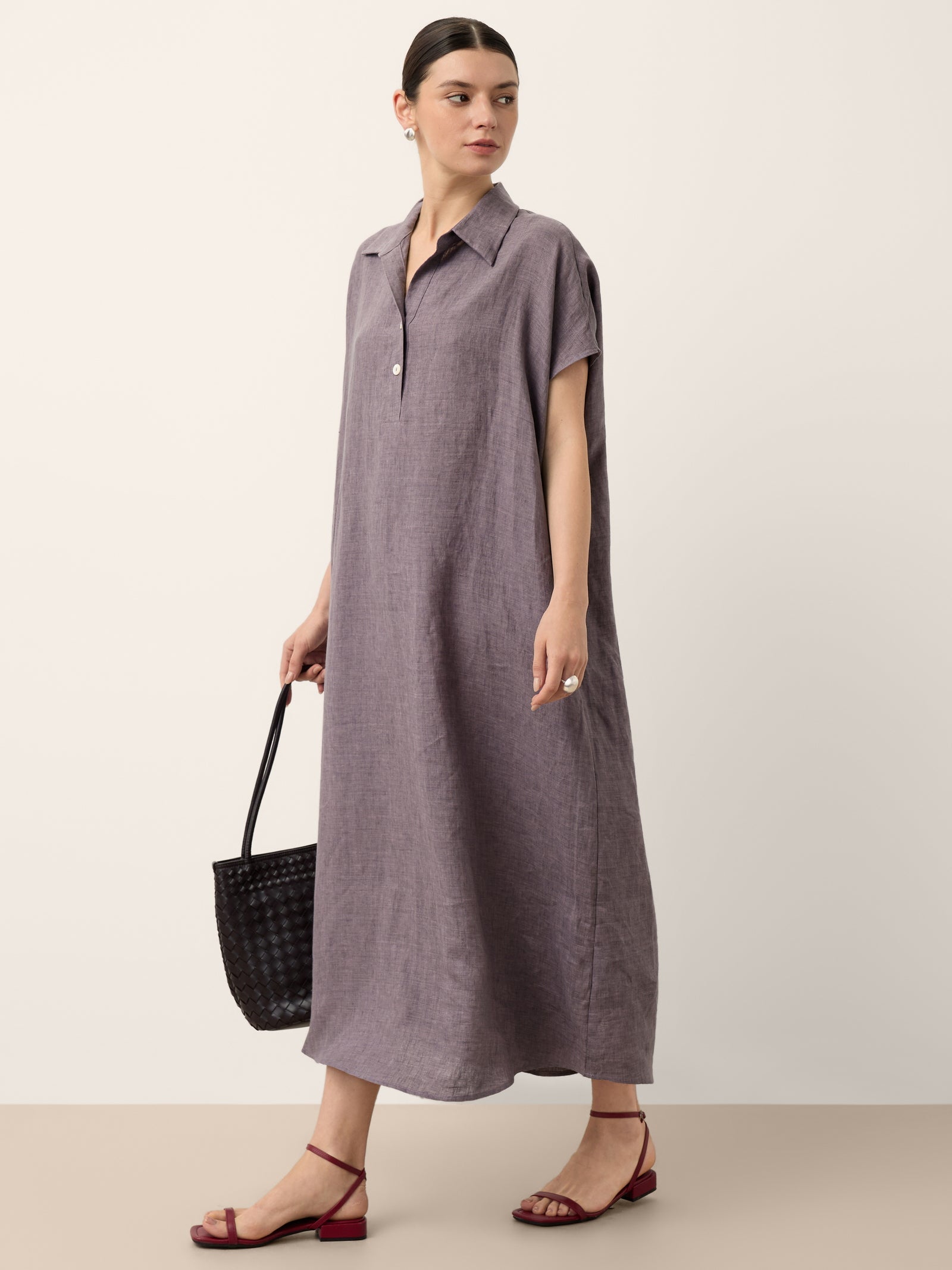 100% Linen Shirt Collar Cap Sleeve Maxi Dress ILONA