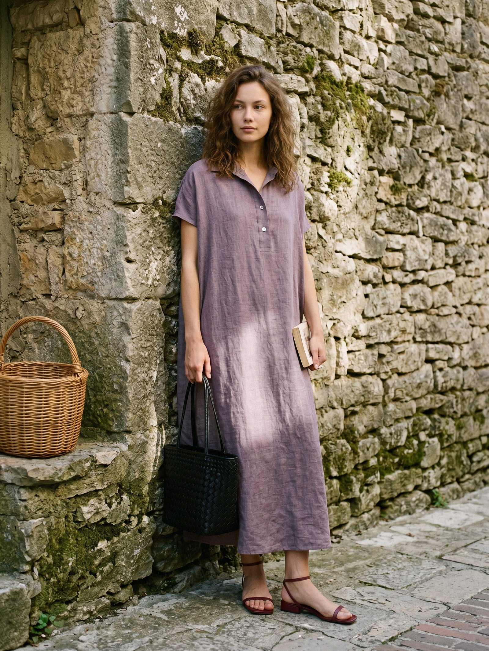 100% Linen Shirt Collar Cap Sleeve Maxi Dress ILONA