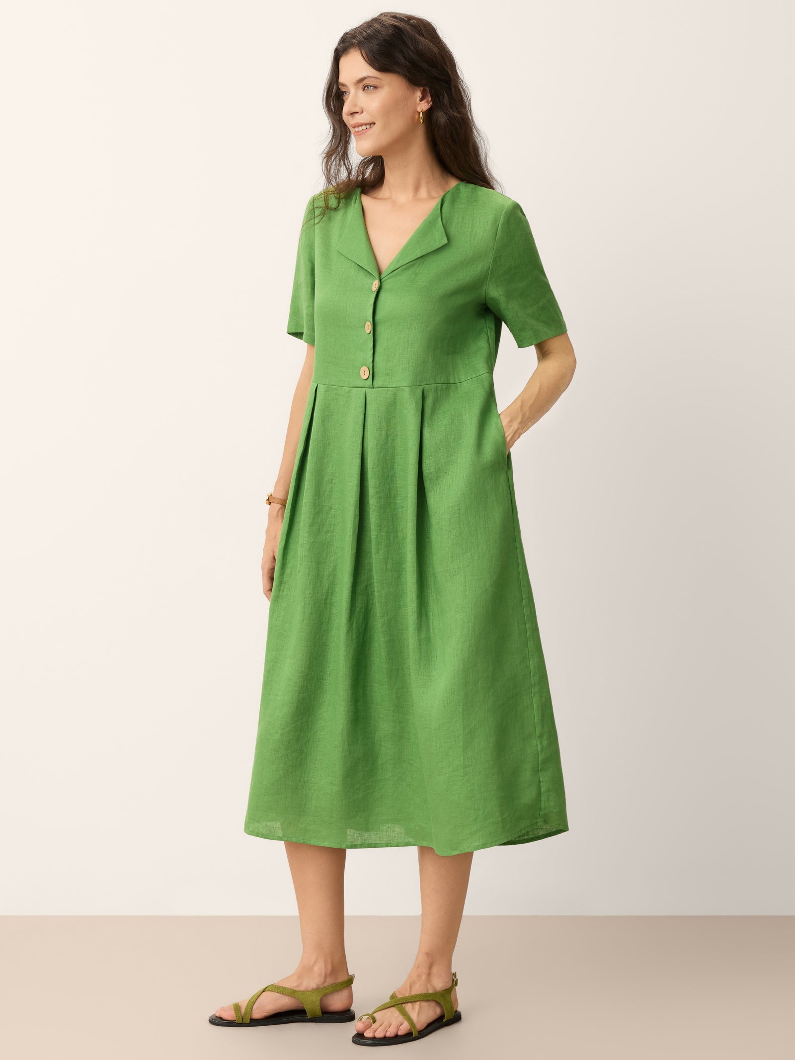 100% Linen Split Neck Button Detail Midi Dress