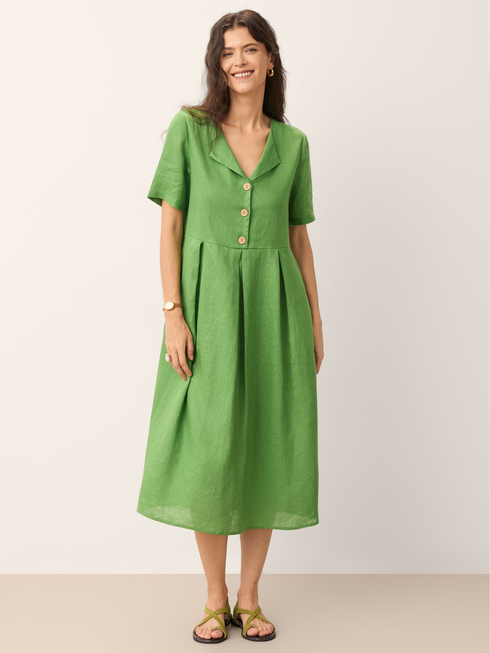 100% Linen Split Neck Button Detail Midi Dress