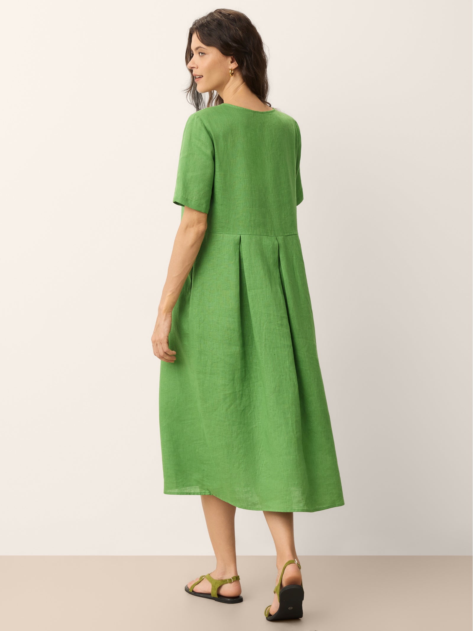 100% Linen Split Neck Button Detail Midi Dress