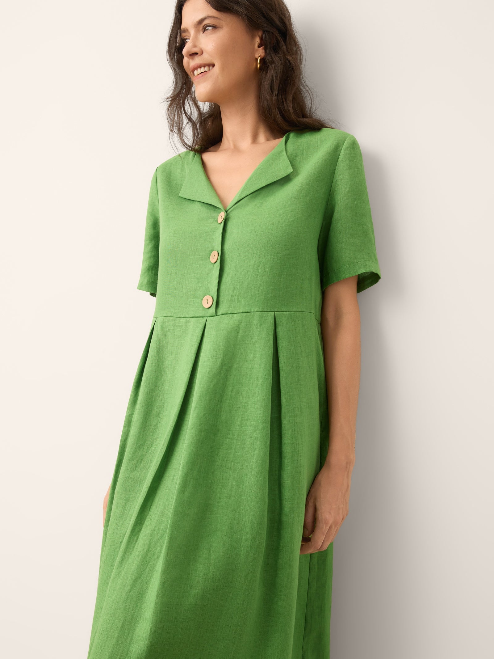 100% Linen Split Neck Button Detail Midi Dress