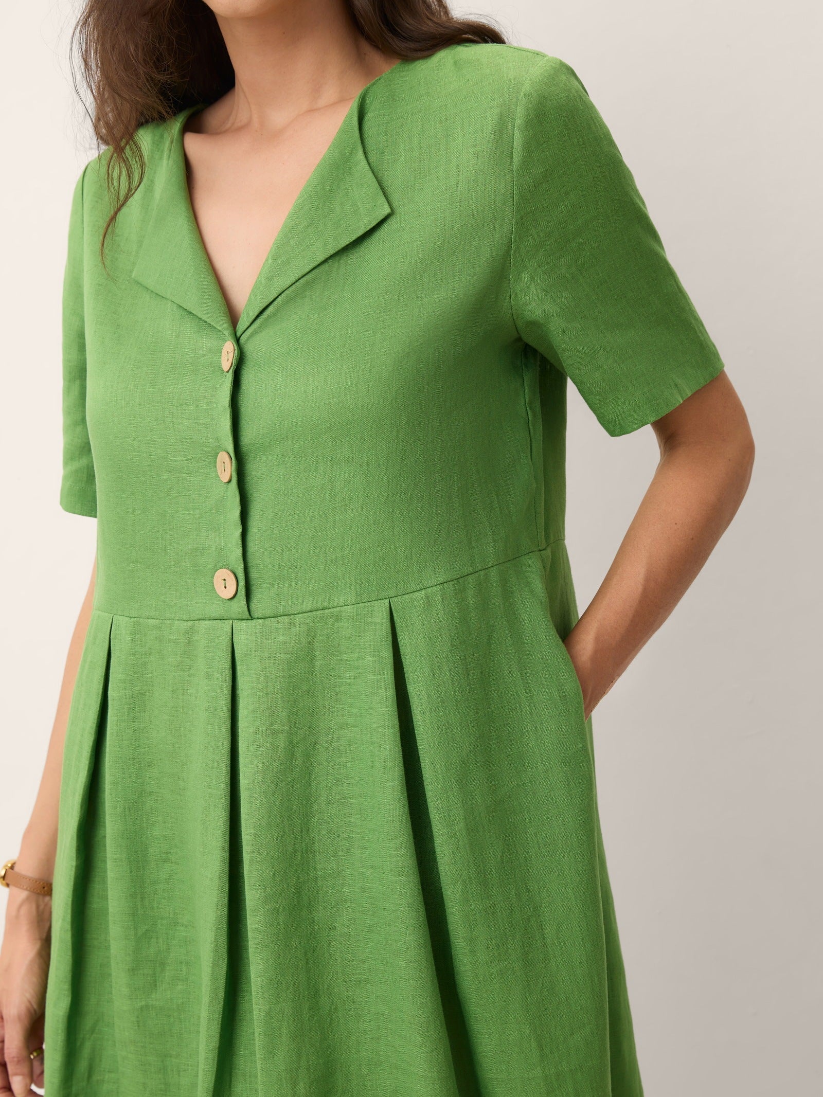 100% Linen Split Neck Button Detail Midi Dress