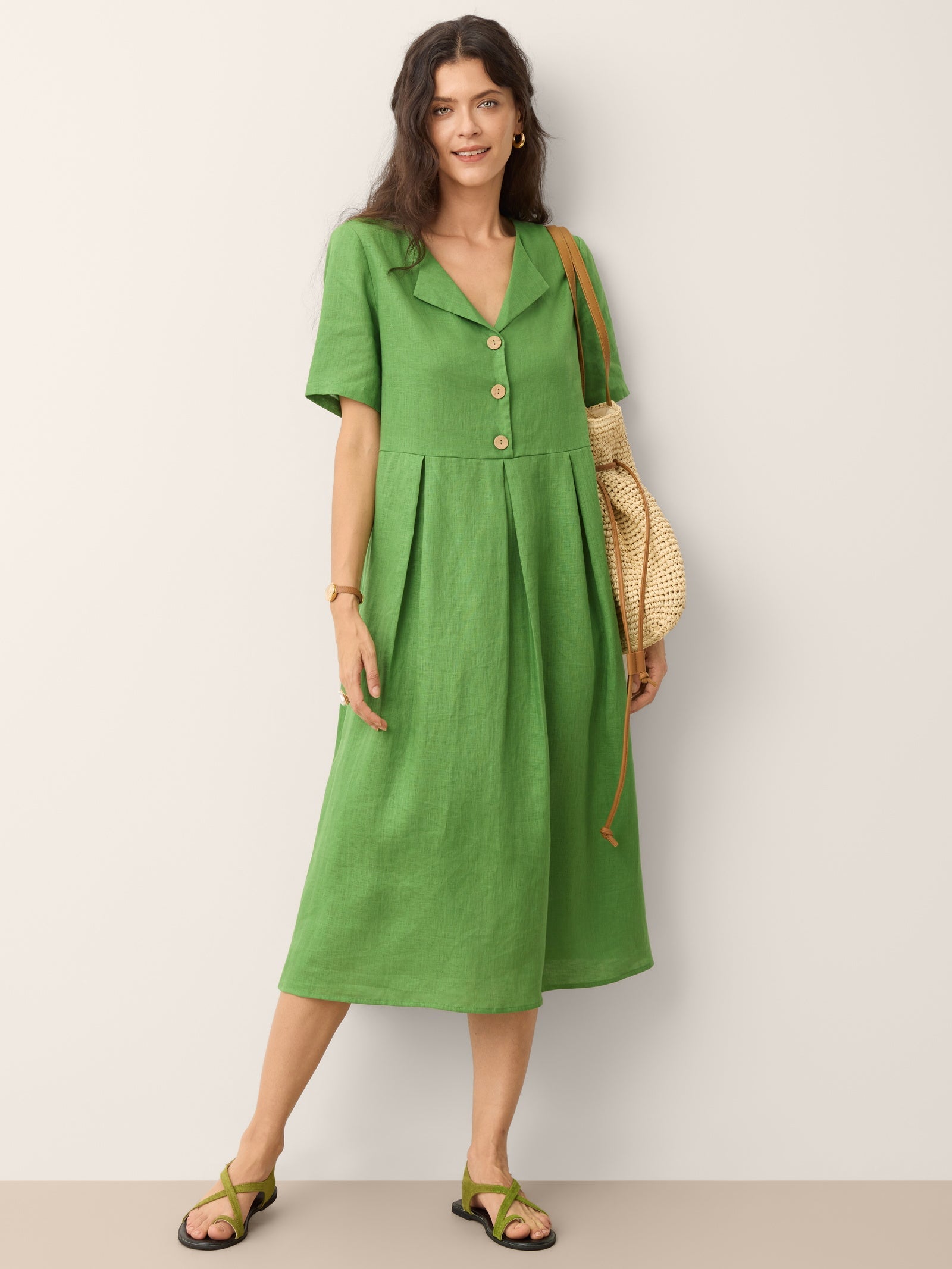 100% Linen Split Neck Button Detail Midi Dress