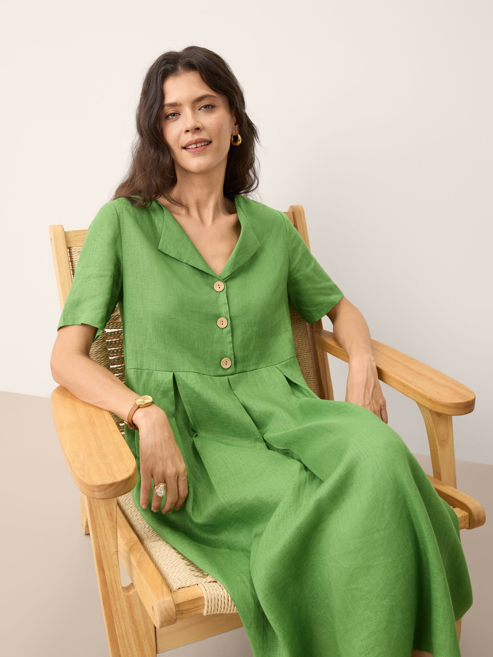 100% Linen Split Neck Button Detail Midi Dress