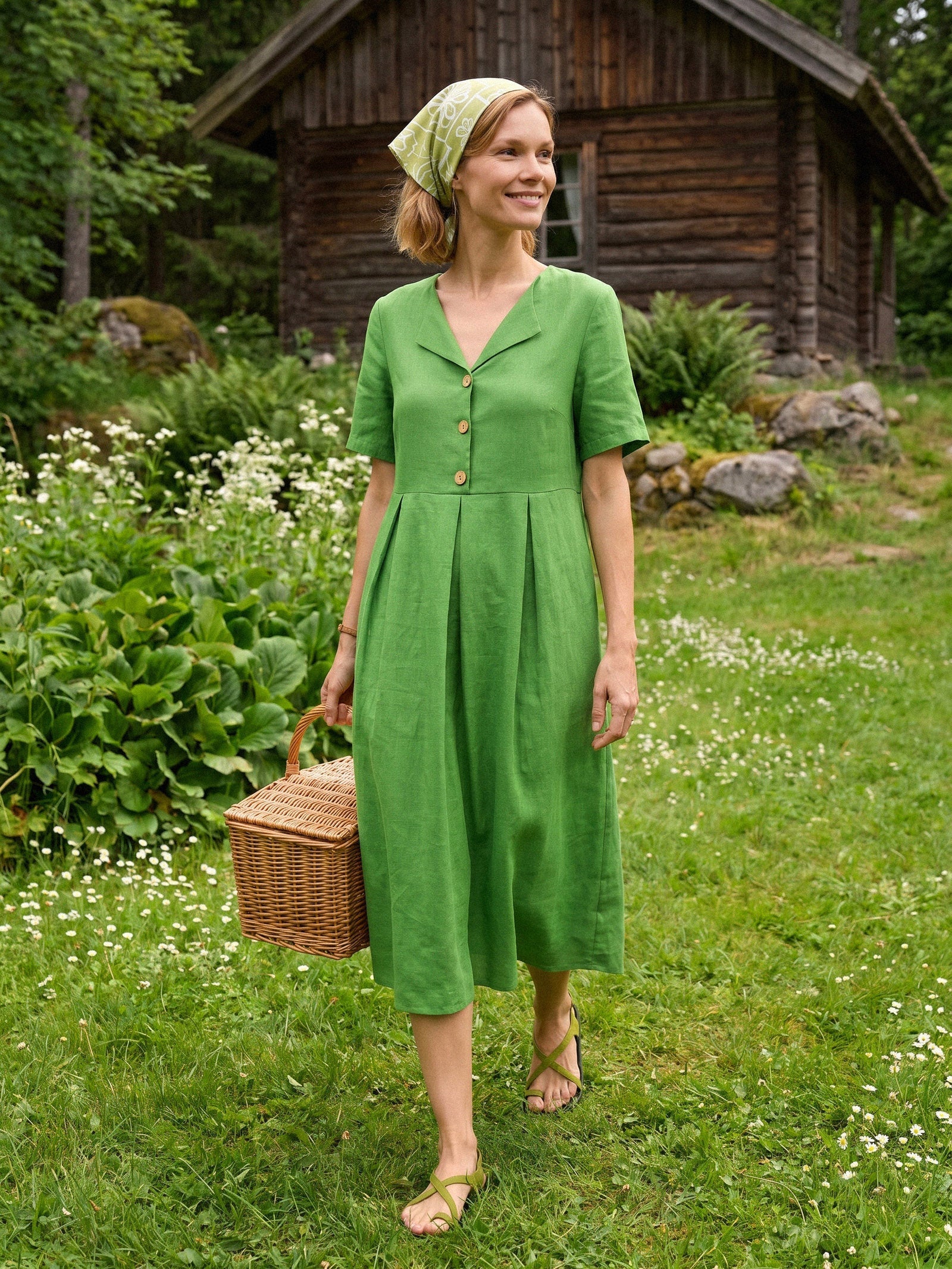 100% Linen Split Neck Button Detail Midi Dress