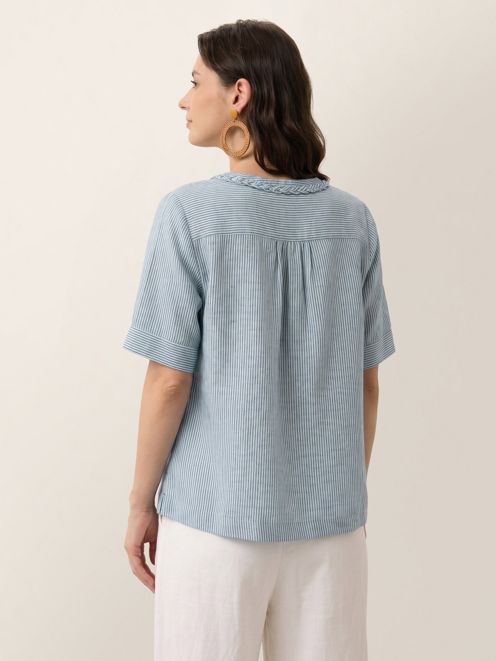 100% Linen Striped Braided Neck Shell Button Top ARDEN