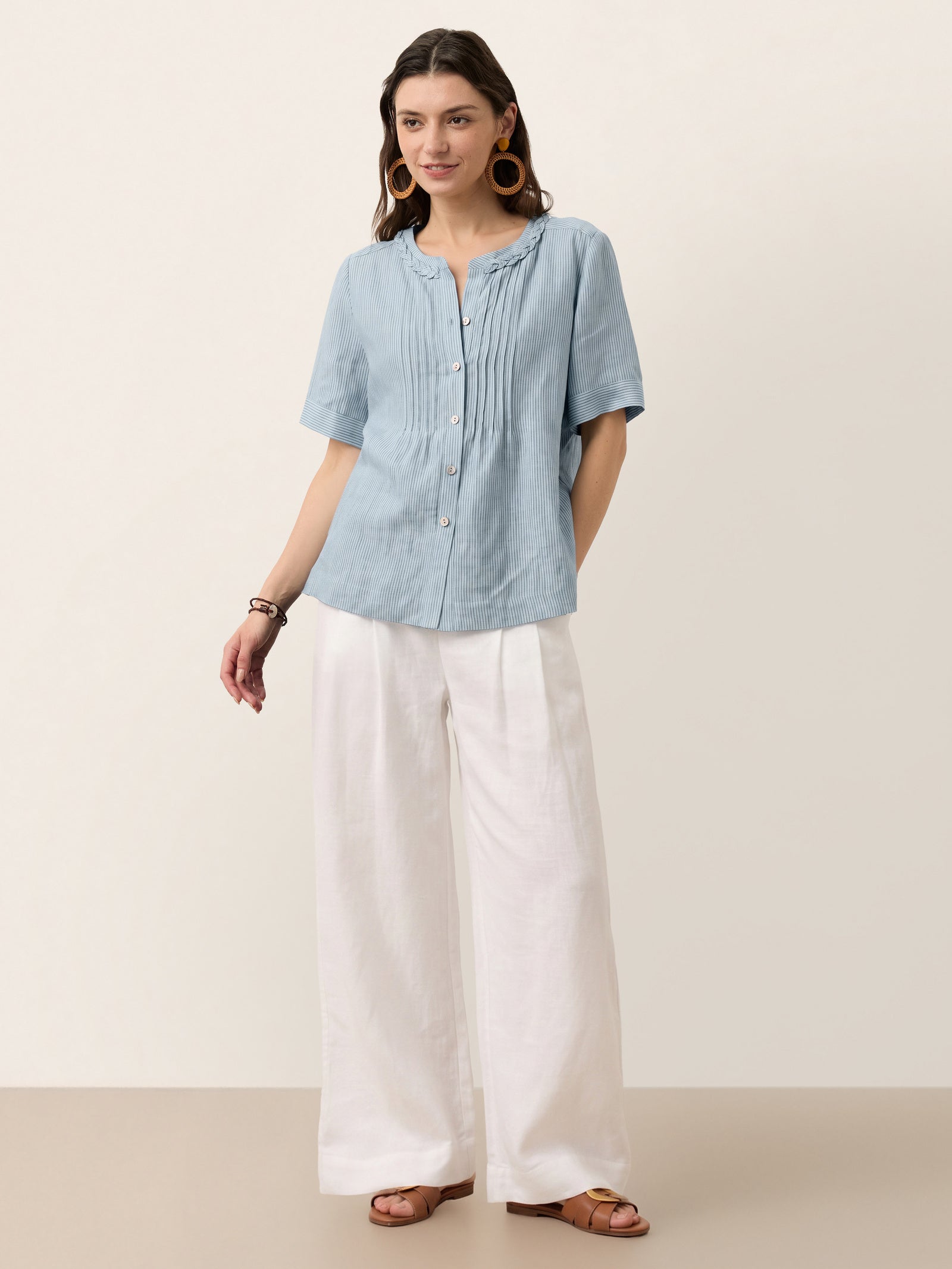 100% Linen Striped Braided Neck Shell Button Top ARDEN