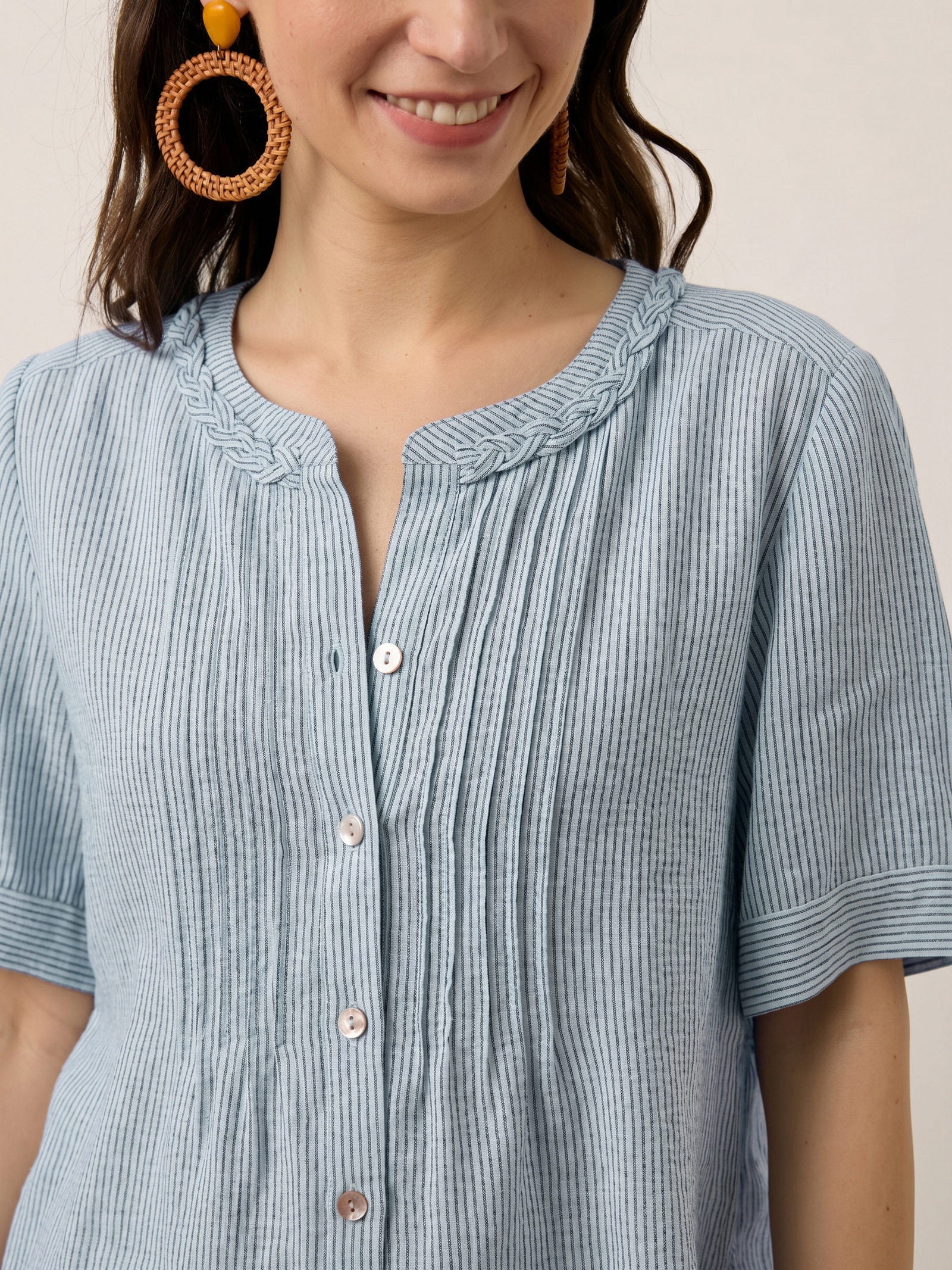 100% Linen Striped Braided Neck Shell Button Top ARDEN