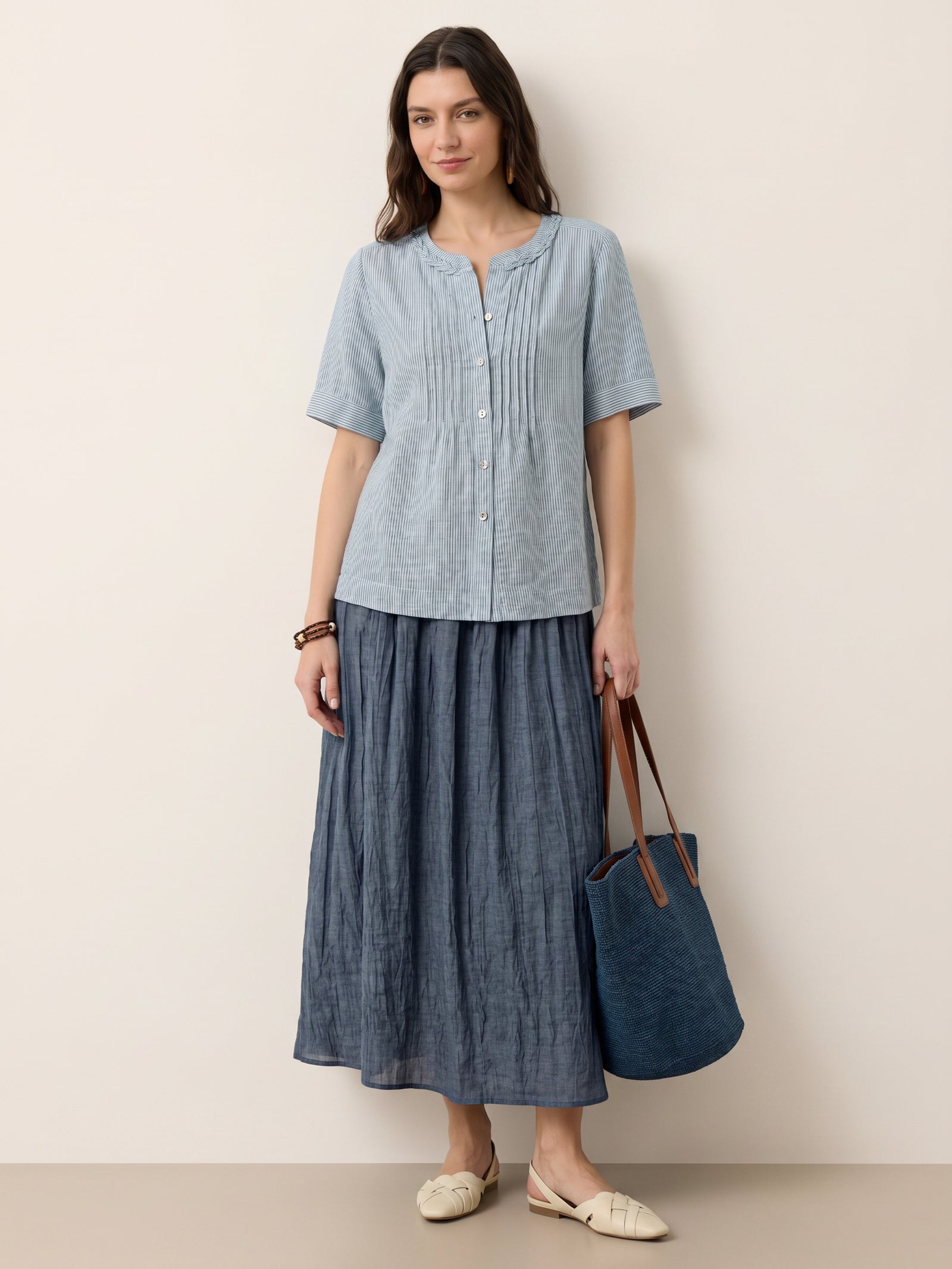 100% Linen Striped Braided Neck Shell Button Top ARDEN