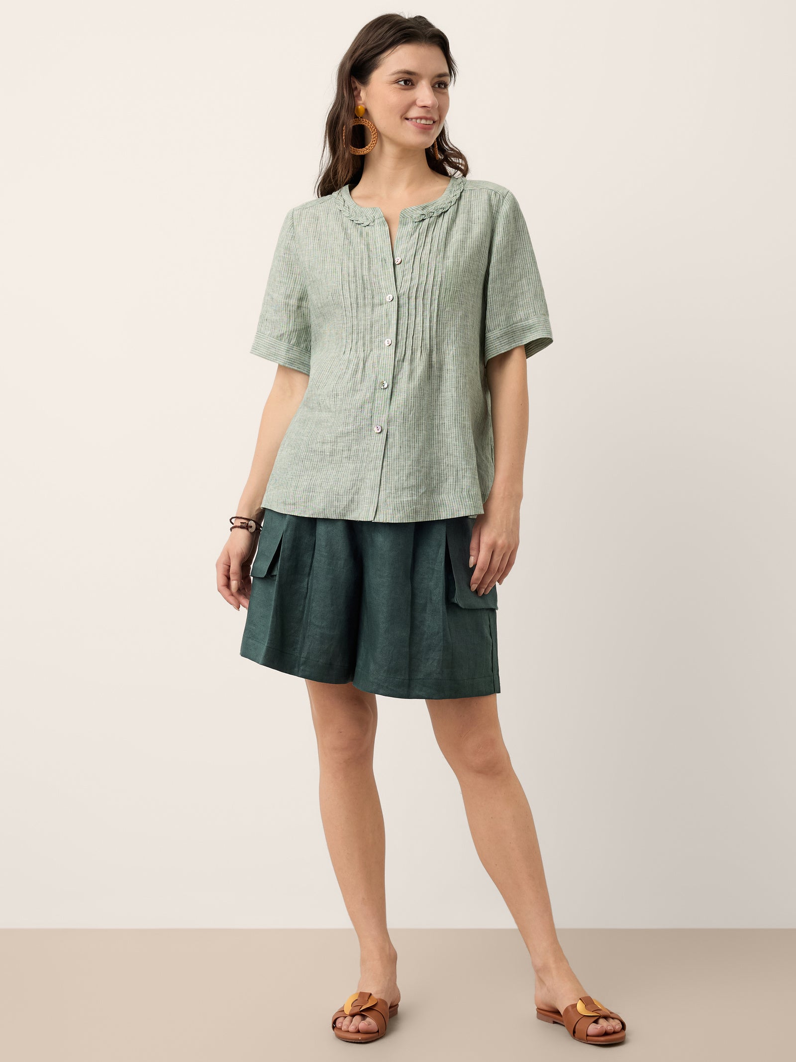 100% Linen Striped Braided Neck Shell Button Top ARDEN