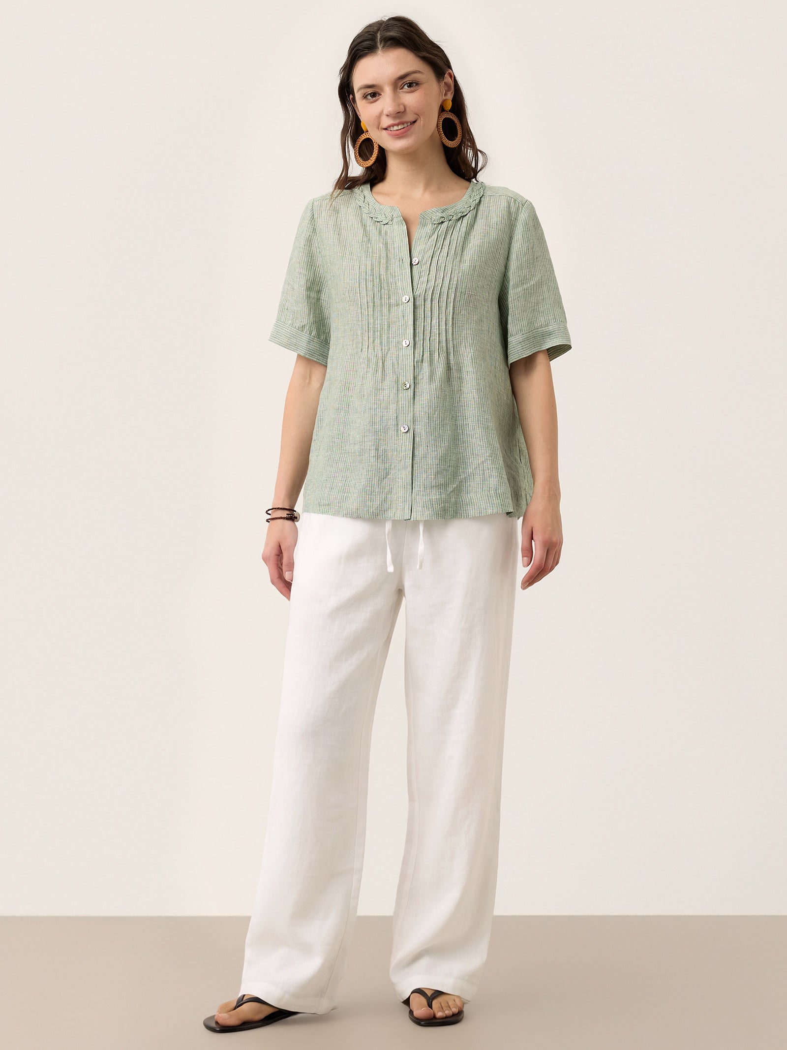 100% Linen Striped Braided Neck Shell Button Top ARDEN